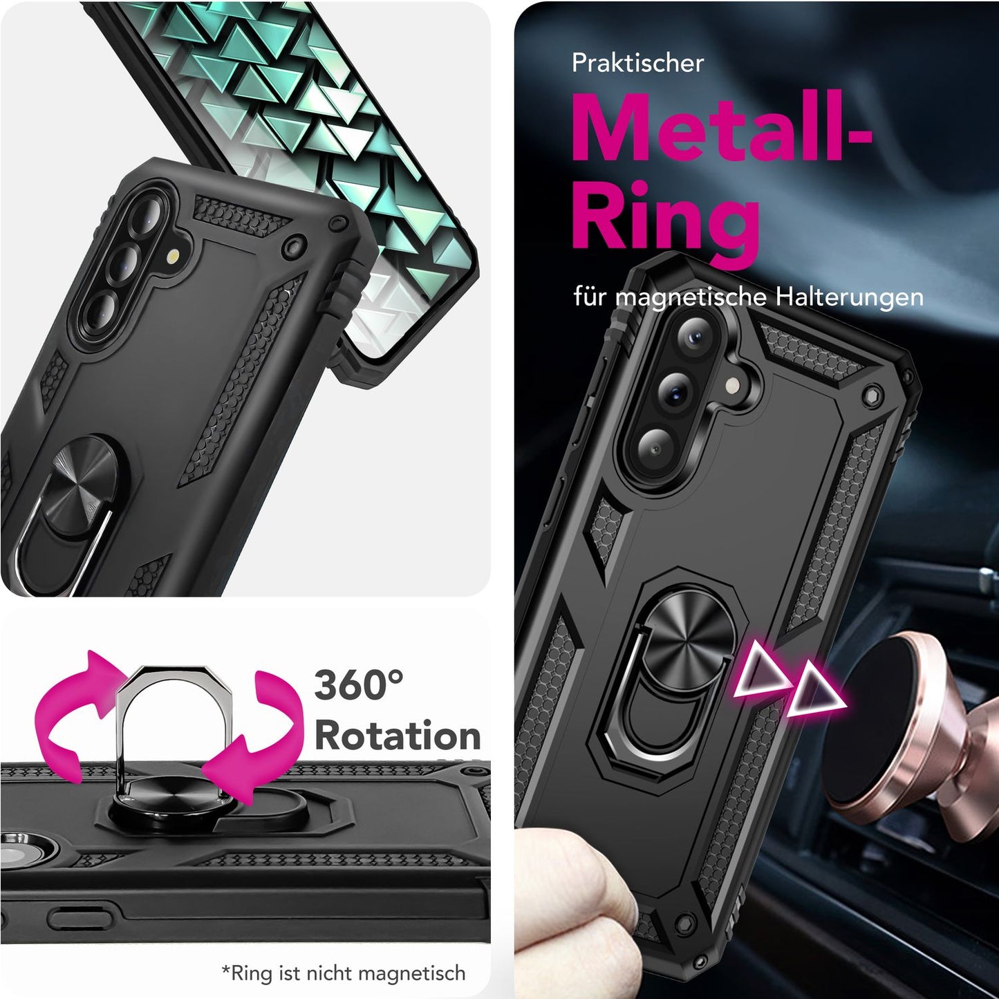 NALIA RingDefend hulstur fyrir Samsung Galaxy A56 – Höggþolið herhulstur með 360° hringfestingu, höggþolið útihulstur með gripi gegn rennu, sterkt hulstur - svart