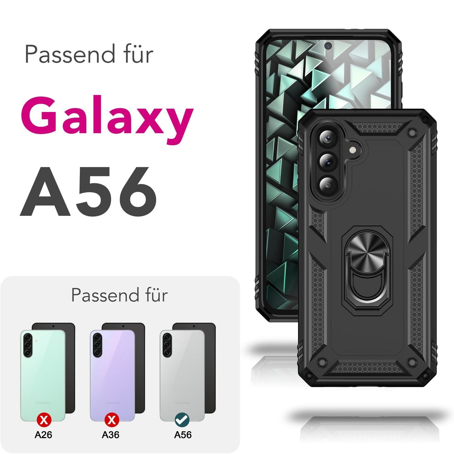 NALIA RingDefend hulstur fyrir Samsung Galaxy A56 – Höggþolið herhulstur með 360° hringfestingu, höggþolið útihulstur með gripi gegn rennu, sterkt hulstur - svart