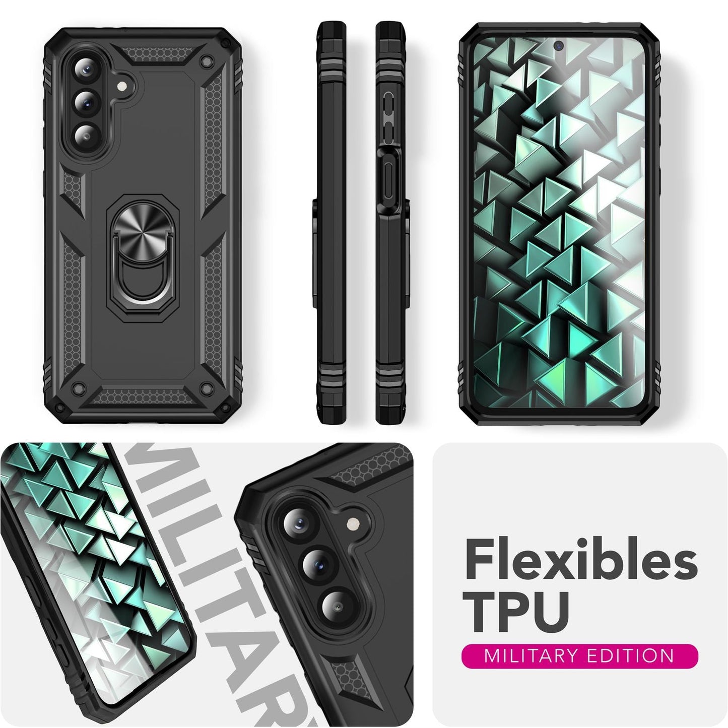 NALIA RingDefend hulstur fyrir Samsung Galaxy A56 – Höggþolið herhulstur með 360° hringfestingu, höggþolið útihulstur með gripi gegn rennu, sterkt hulstur - svart