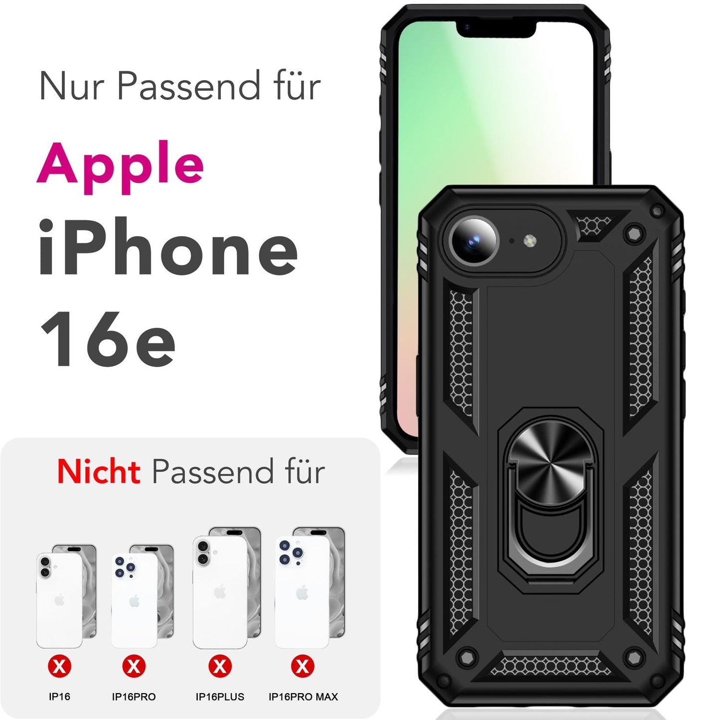 NALIA RingDefend hulstur fyrir iPhone 16e, sterkt hulstur með 360° málmhring, standi og fingurfestingu, rennur ekki og höggheldur, brúnvörn, svart símahulstur í hernaðarstíl.