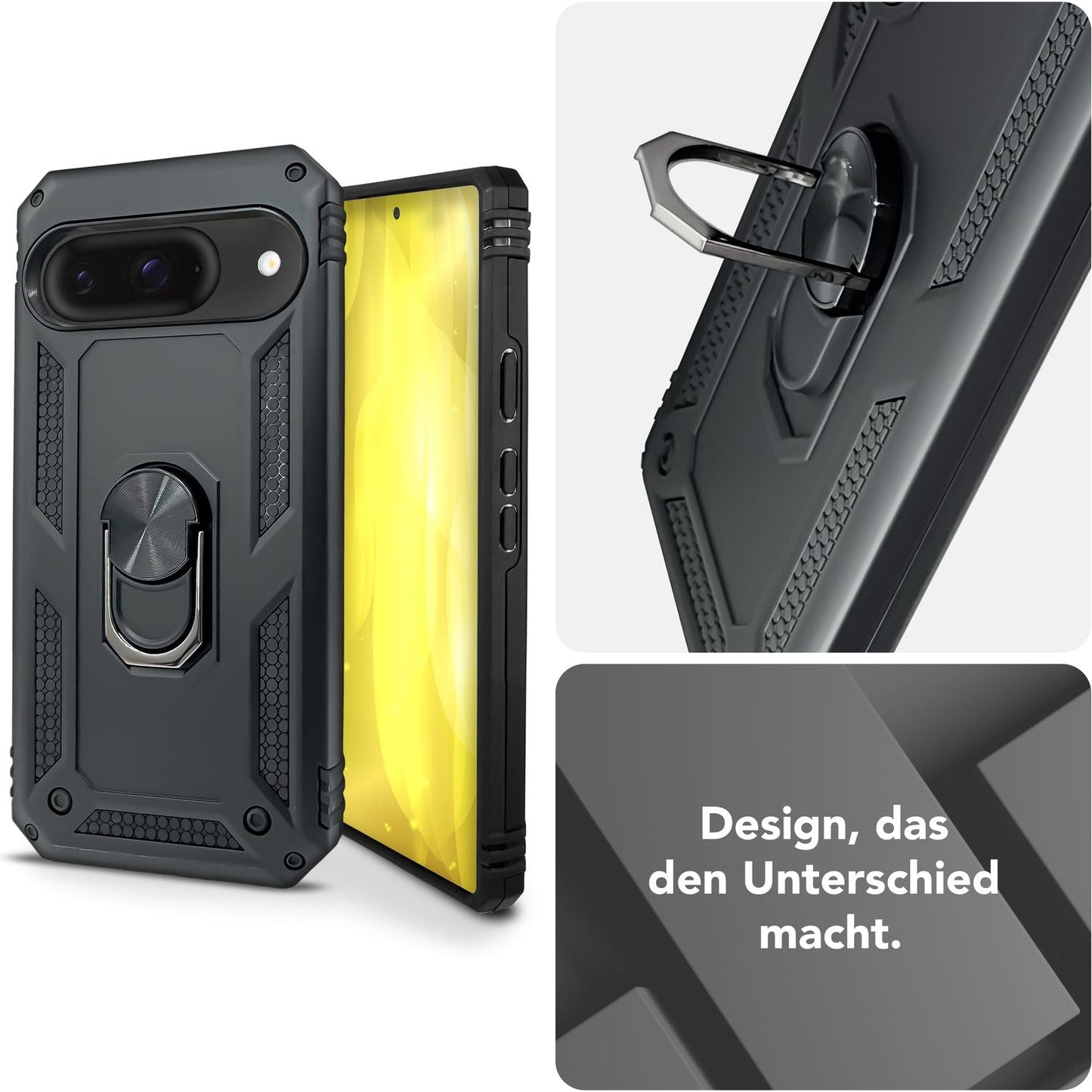 NALIA RingDefend hulstur fyrir Google Pixel 9 – Taktískt símahulstur með 360° málmhringfestingu, tvöföldu lagi sem er gegn rennsli, standi, harðsperra með brúnvörn og gripi - Svart