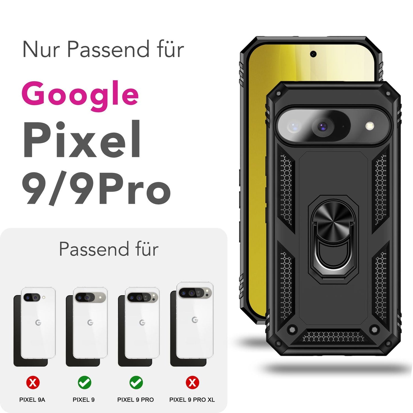 NALIA RingDefend hulstur fyrir Google Pixel 9 – Taktískt símahulstur með 360° málmhringfestingu, tvöföldu lagi sem er gegn rennsli, standi, harðsperra með brúnvörn og gripi - Svart