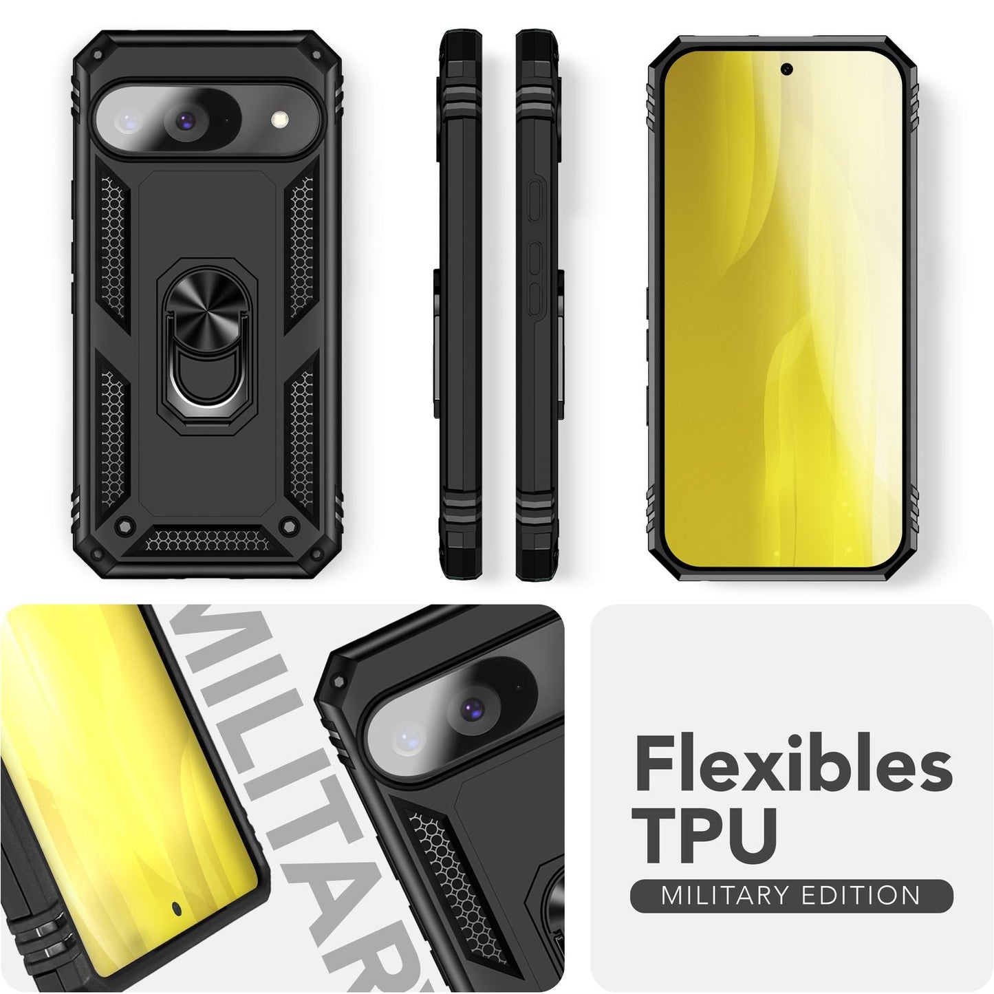 NALIA RingDefend hulstur fyrir Google Pixel 9 – Taktískt símahulstur með 360° málmhringfestingu, tvöföldu lagi sem er gegn rennsli, standi, harðsperra með brúnvörn og gripi - Svart