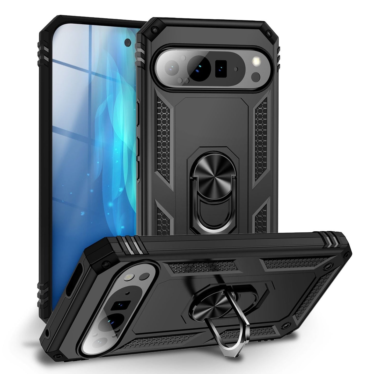 NALIA RingDefend Case for Google Pixel 9 Pro XL – Shockproof Armored Case with 360° Metal Ring, Kickstand &amp; Finger Holder, Robust Armor Case with Grip, Military Protective Case - Black