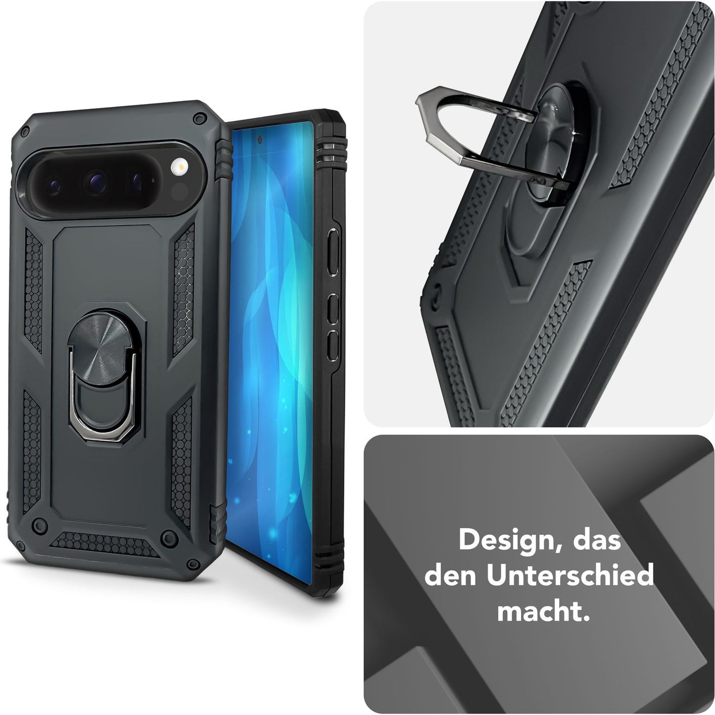 NALIA RingDefend Case for Google Pixel 9 Pro XL – Shockproof Armored Case with 360° Metal Ring, Kickstand &amp; Finger Holder, Robust Armor Case with Grip, Military Protective Case - Black