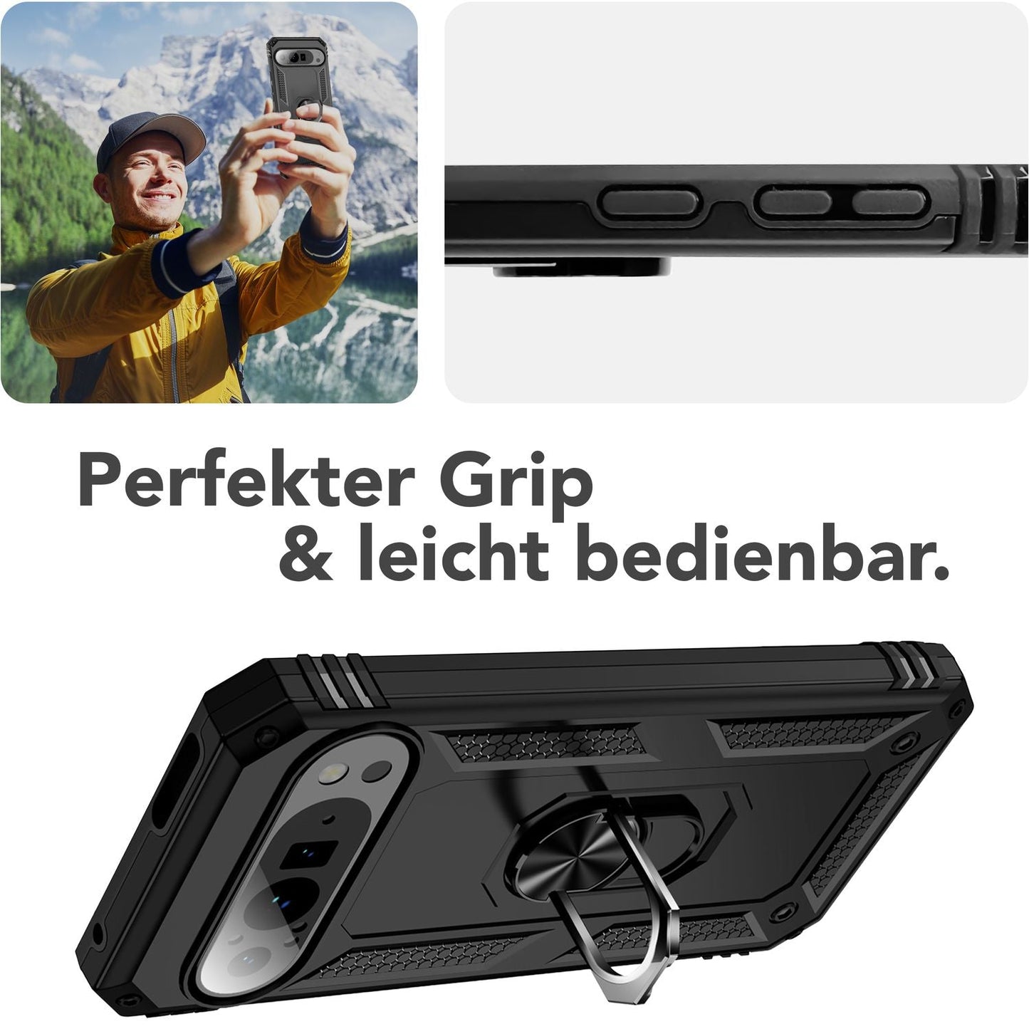 NALIA RingDefend Case for Google Pixel 9 Pro XL – Shockproof Armored Case with 360° Metal Ring, Kickstand &amp; Finger Holder, Robust Armor Case with Grip, Military Protective Case - Black