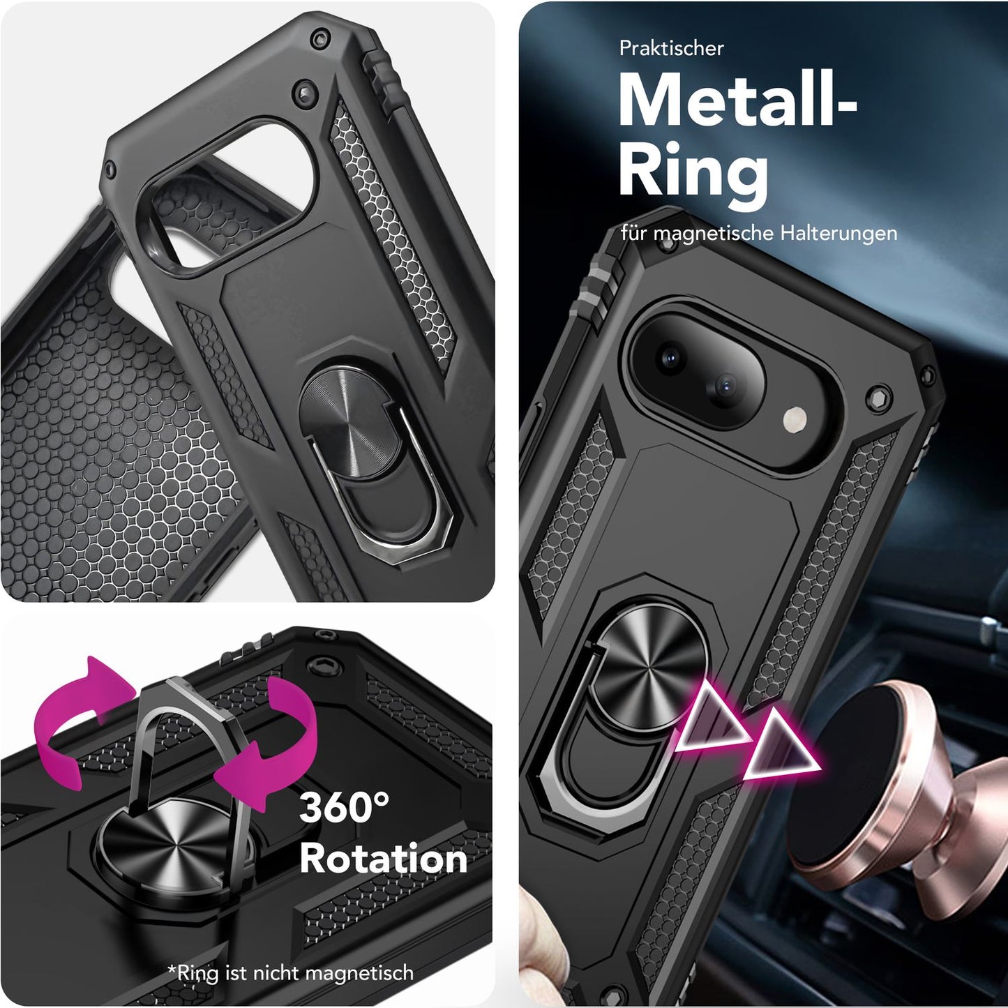 NALIA RingDefend hulstur fyrir Google Pixel 9a – Hernaðarlegt útihulstur með 360° hringfestingu og standi, hálkuvörn, höggheldu símahulstri, sterku hulstri - Svart