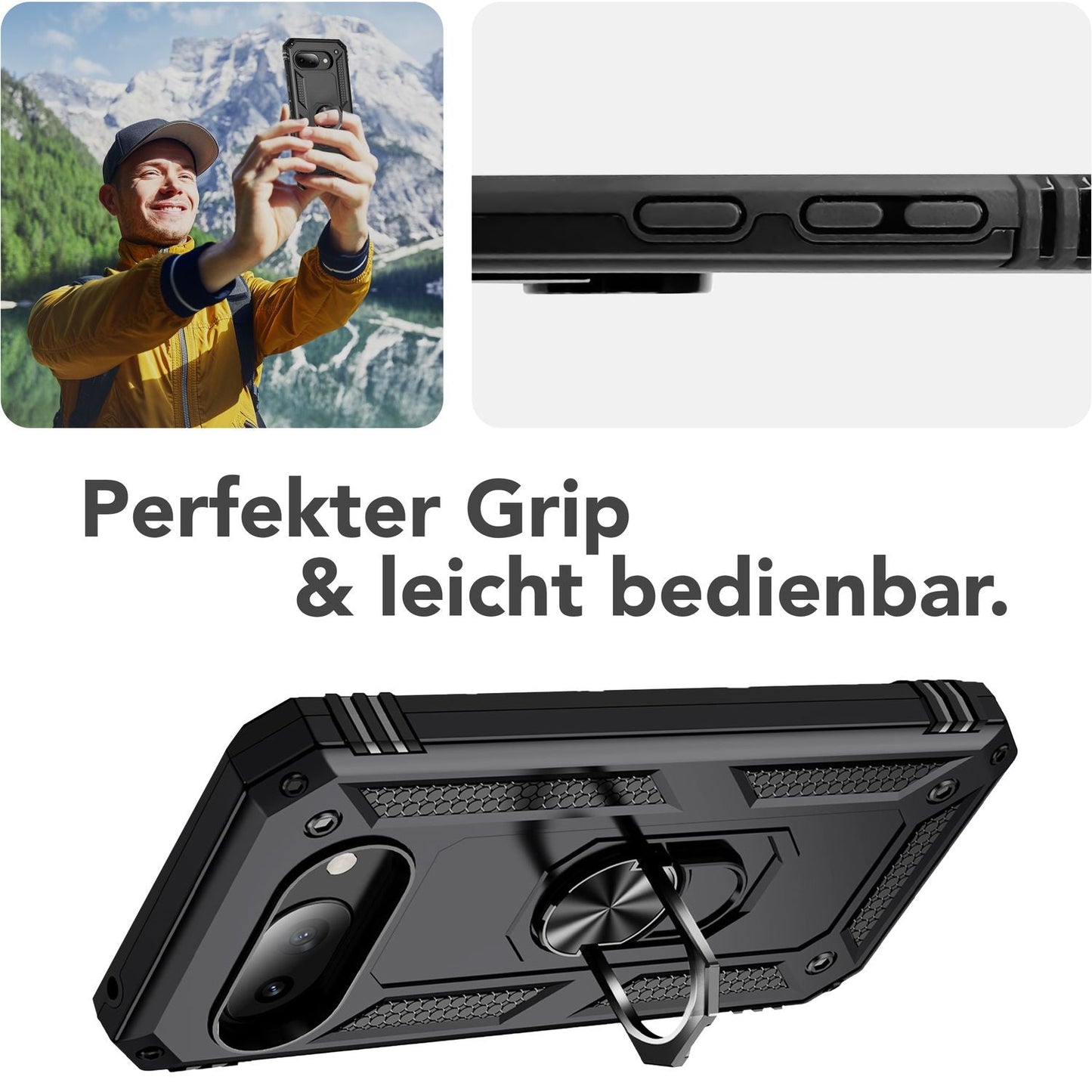 NALIA RingDefend hulstur fyrir Google Pixel 9a – Hernaðarlegt útihulstur með 360° hringfestingu og standi, hálkuvörn, höggheldu símahulstri, sterku hulstri - Svart