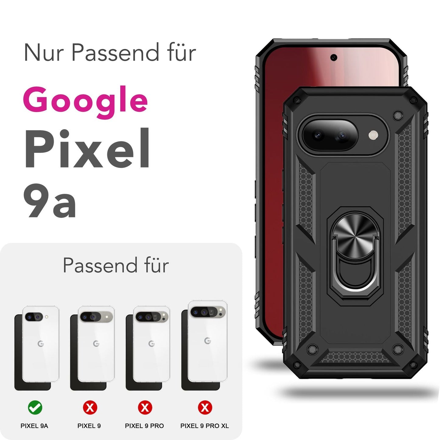 NALIA RingDefend hulstur fyrir Google Pixel 9a – Hernaðarlegt útihulstur með 360° hringfestingu og standi, hálkuvörn, höggheldu símahulstri, sterku hulstri - Svart