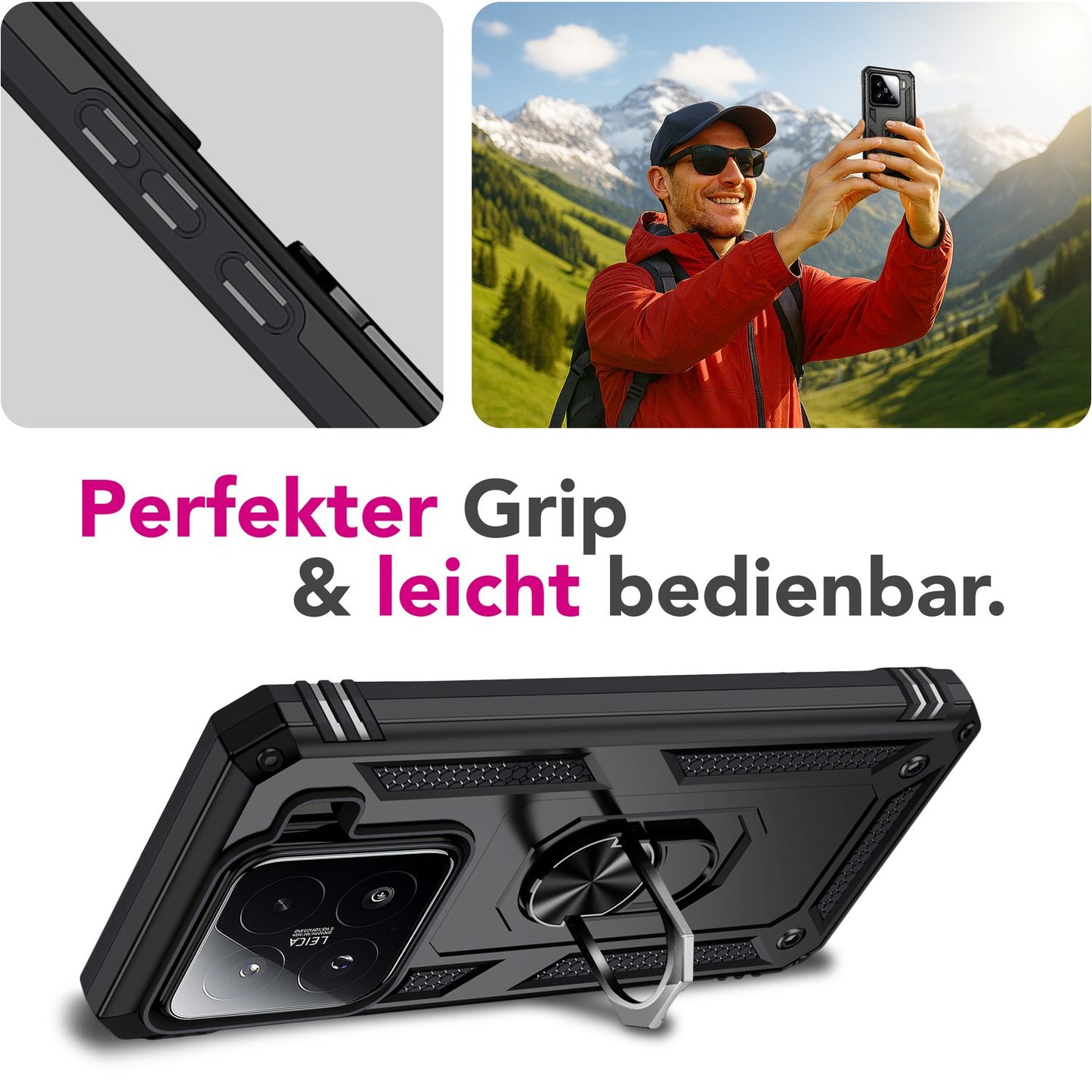 NALIA RingDefend hulstur fyrir Xiaomi 15 – Hernaðarlegt brynvarið hulstur með 360° málmhring og standi, höggþolið tvöfalt brynvarið hulstur með gripi gegn rennu, utandyra hulstur - svart