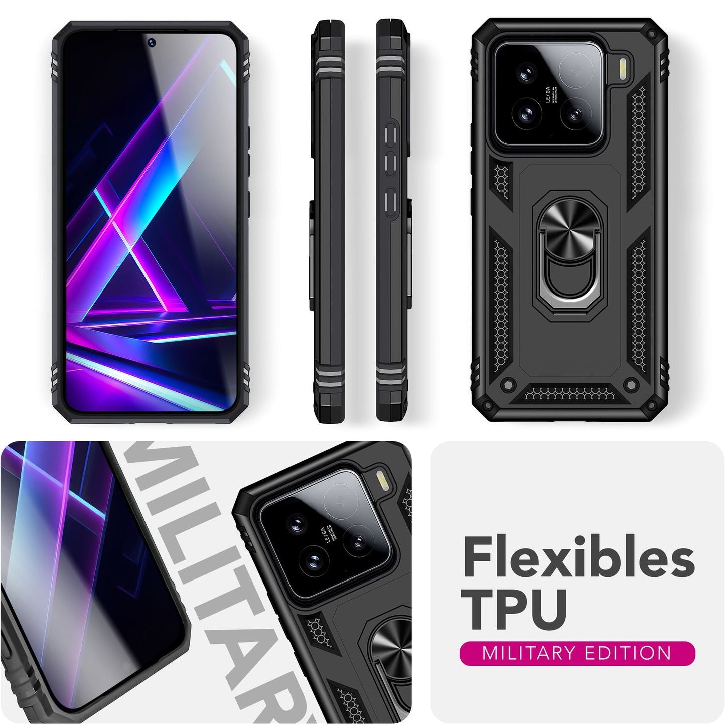 NALIA RingDefend hulstur fyrir Xiaomi 15 – Hernaðarlegt brynvarið hulstur með 360° málmhring og standi, höggþolið tvöfalt brynvarið hulstur með gripi gegn rennu, utandyra hulstur - svart