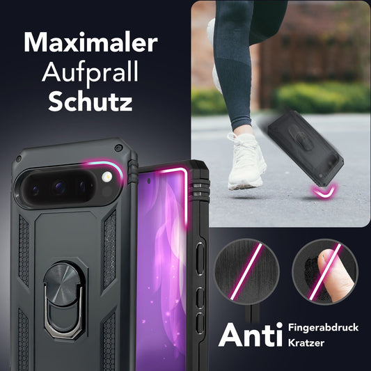 NALIA RingDefend Case for Google Pixel 9 Pro – Shockproof Phone Case with 360° Finger Holder &amp; Kickstand, Military Style Armor Case with Impact Protection, Heavy-Duty Phone Case - Black