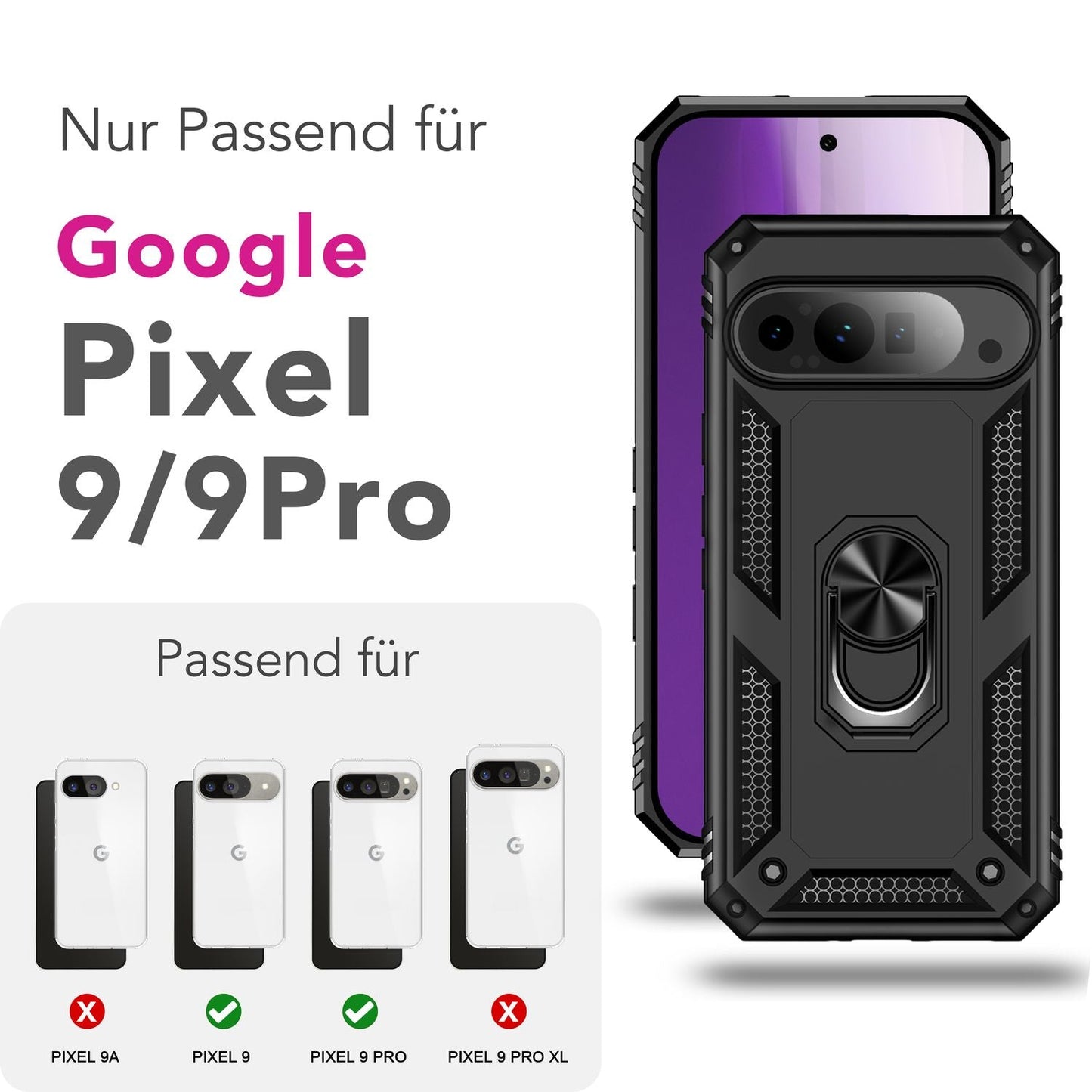 NALIA RingDefend Case for Google Pixel 9 Pro – Shockproof Phone Case with 360° Finger Holder &amp; Kickstand, Military Style Armor Case with Impact Protection, Heavy-Duty Phone Case - Black