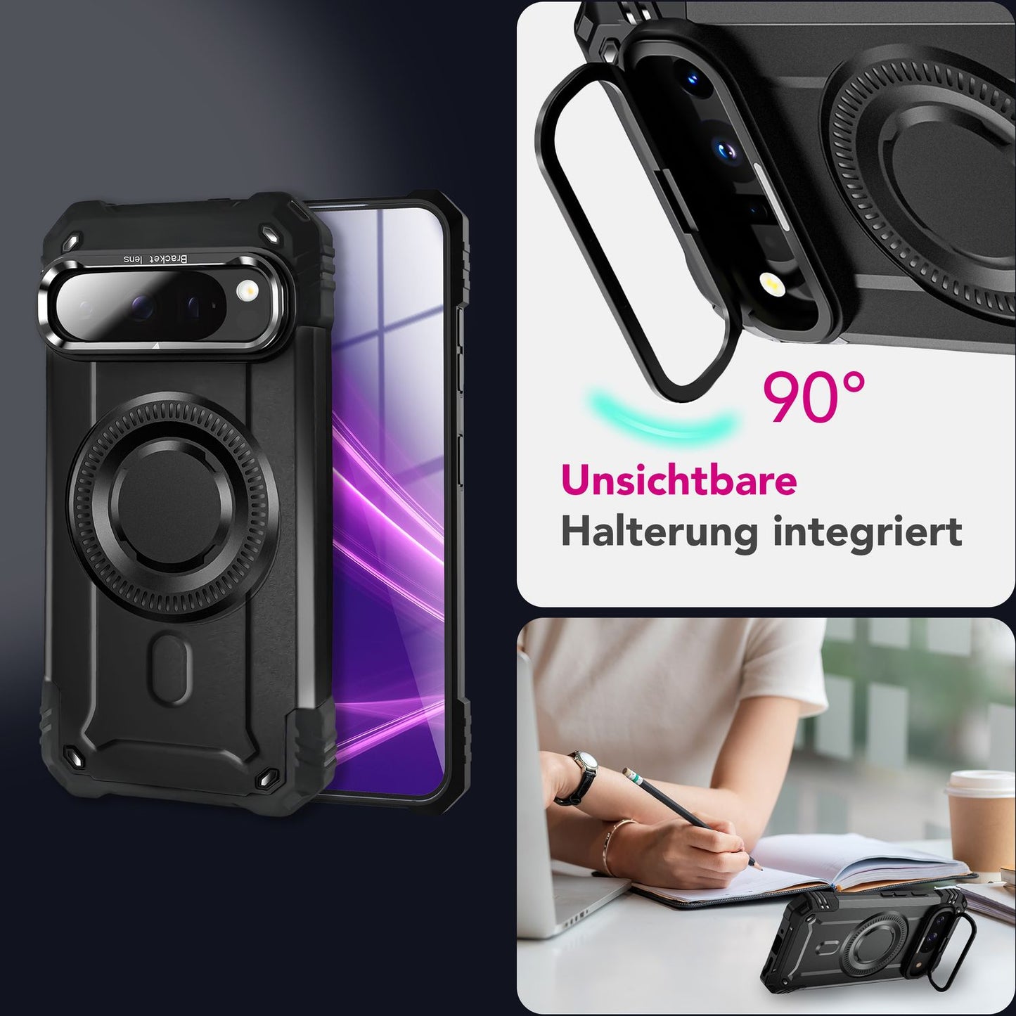 NALIA Granite Hülle für Google Pixel 9 Pro – Handyhülle für MagSafe, Extrem Widerstandsfähige Panzerhülle mit Kickstand, Harte Rückseite & Schutzrahmen gegen Aufprall