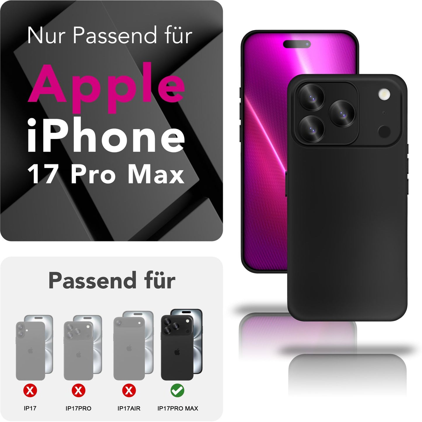 NALIA Strider hulstur fyrir Apple iPhone 17 Pro Max (mattþunnt hulstur) - Mjög þunnt 1,28 mm, mjúkt TPU hulstur, rykheldir hnappar, fingrafaravörn, verndandi símahulstur - svart