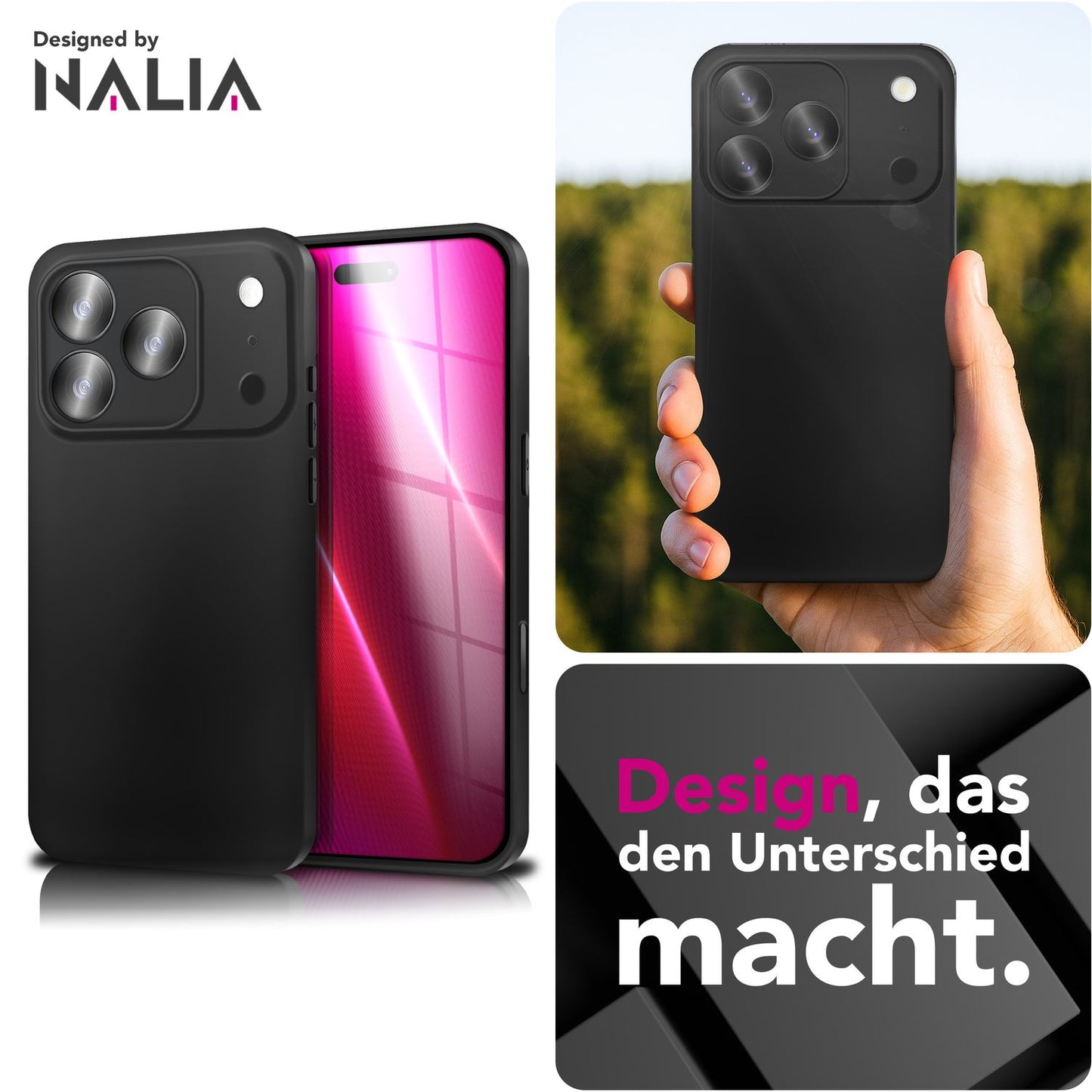 NALIA Strider hulstur fyrir Apple iPhone 17 Pro Max (mattþunnt hulstur) - Mjög þunnt 1,28 mm, mjúkt TPU hulstur, rykheldir hnappar, fingrafaravörn, verndandi símahulstur - svart