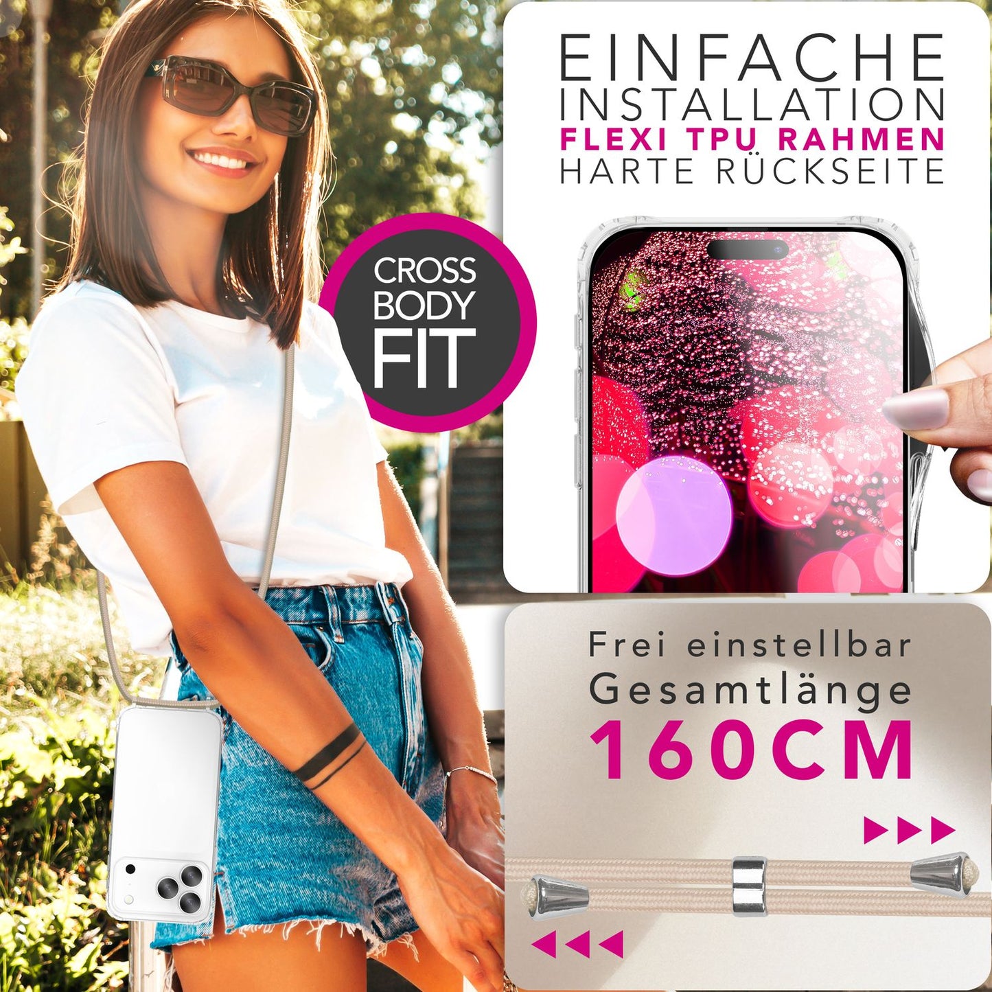 NALIA Hangit Case for Apple iPhone 17 Pro (Crossbody Case) - Clear Phone Case with Adjustable Strap, Transparent &amp; Anti-Yellowing, Air Cushion, 160cm Phone Chain