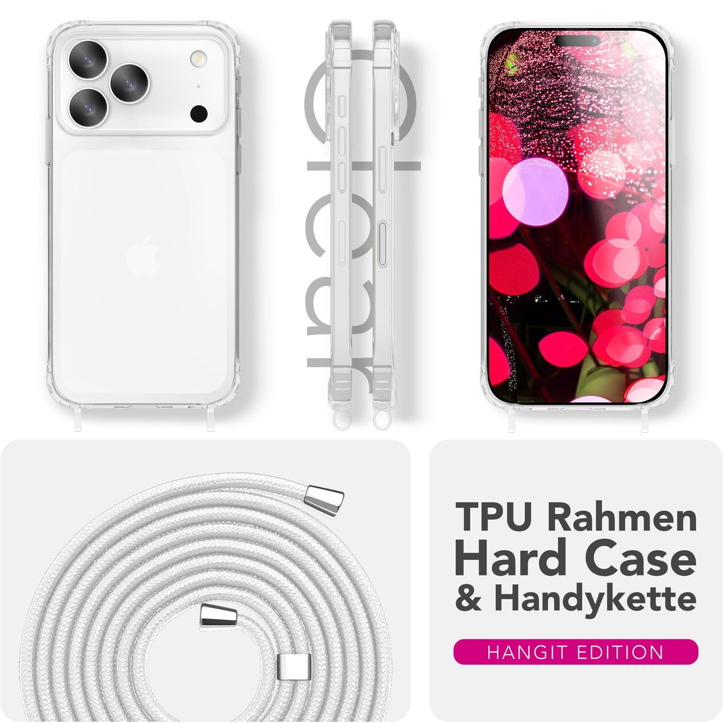 NALIA Hangit Case for Apple iPhone 17 Pro (Crossbody Case) - Clear Phone Case with Adjustable Strap, Transparent &amp; Anti-Yellowing, Air Cushion, 160cm Phone Chain