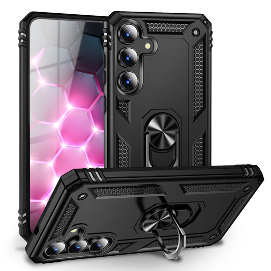 NALIA RingDefend hulstur fyrir Samsung Galaxy S25 FE (hernaðarvernd) - Sterkt, brynvarið hulstur með 360° snúningshring og standi, höggþolið og höggdeyfandi - Svart