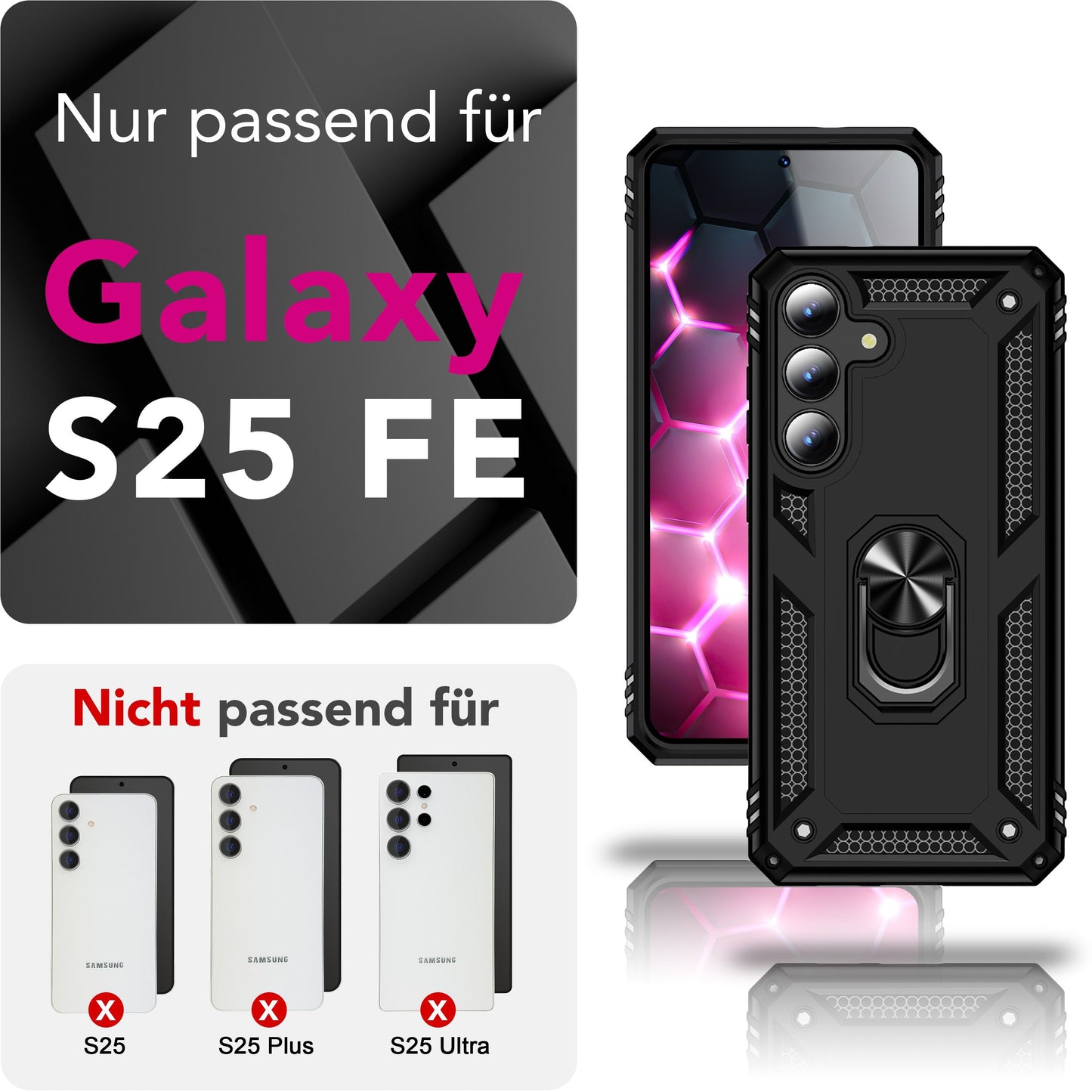 NALIA RingDefend hulstur fyrir Samsung Galaxy S25 FE (hernaðarvernd) - Sterkt, brynvarið hulstur með 360° snúningshring og standi, höggþolið og höggdeyfandi - Svart