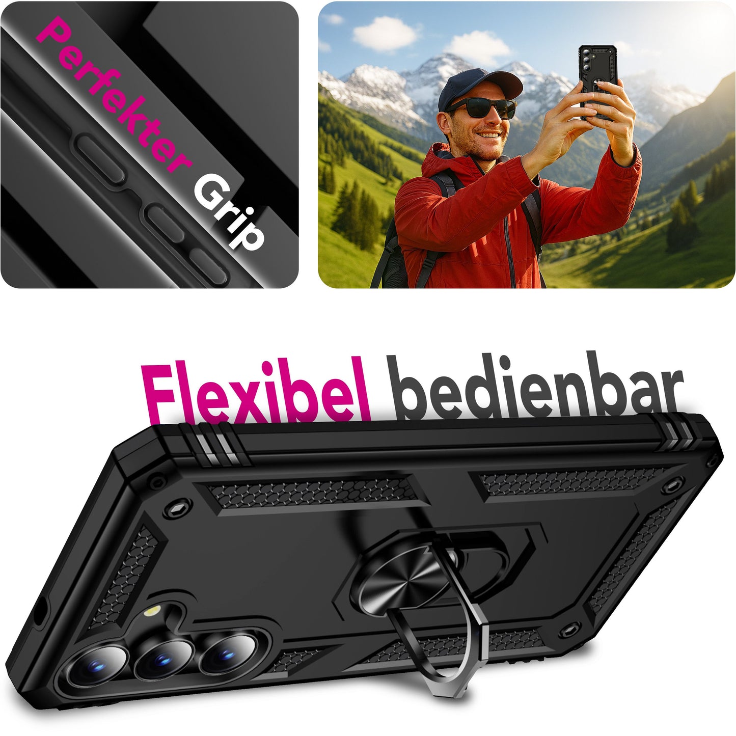 NALIA RingDefend hulstur fyrir Samsung Galaxy S25 FE (hernaðarvernd) - Sterkt, brynvarið hulstur með 360° snúningshring og standi, höggþolið og höggdeyfandi - Svart