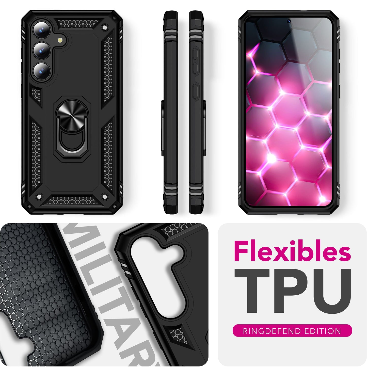 NALIA RingDefend hulstur fyrir Samsung Galaxy S25 FE (hernaðarvernd) - Sterkt, brynvarið hulstur með 360° snúningshring og standi, höggþolið og höggdeyfandi - Svart