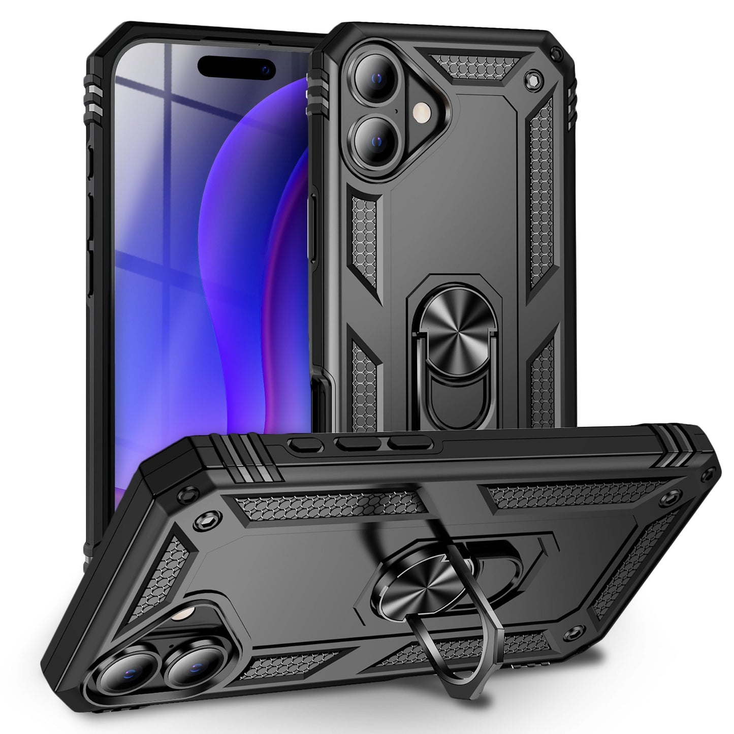 NALIA RingDefend hulstur fyrir Apple iPhone 17 (hernaðarvernd) - Sterkt, brynvarið hulstur með 360° snúningshring og standi, högg- og höggþolið, gripgott, útihulstur - svart