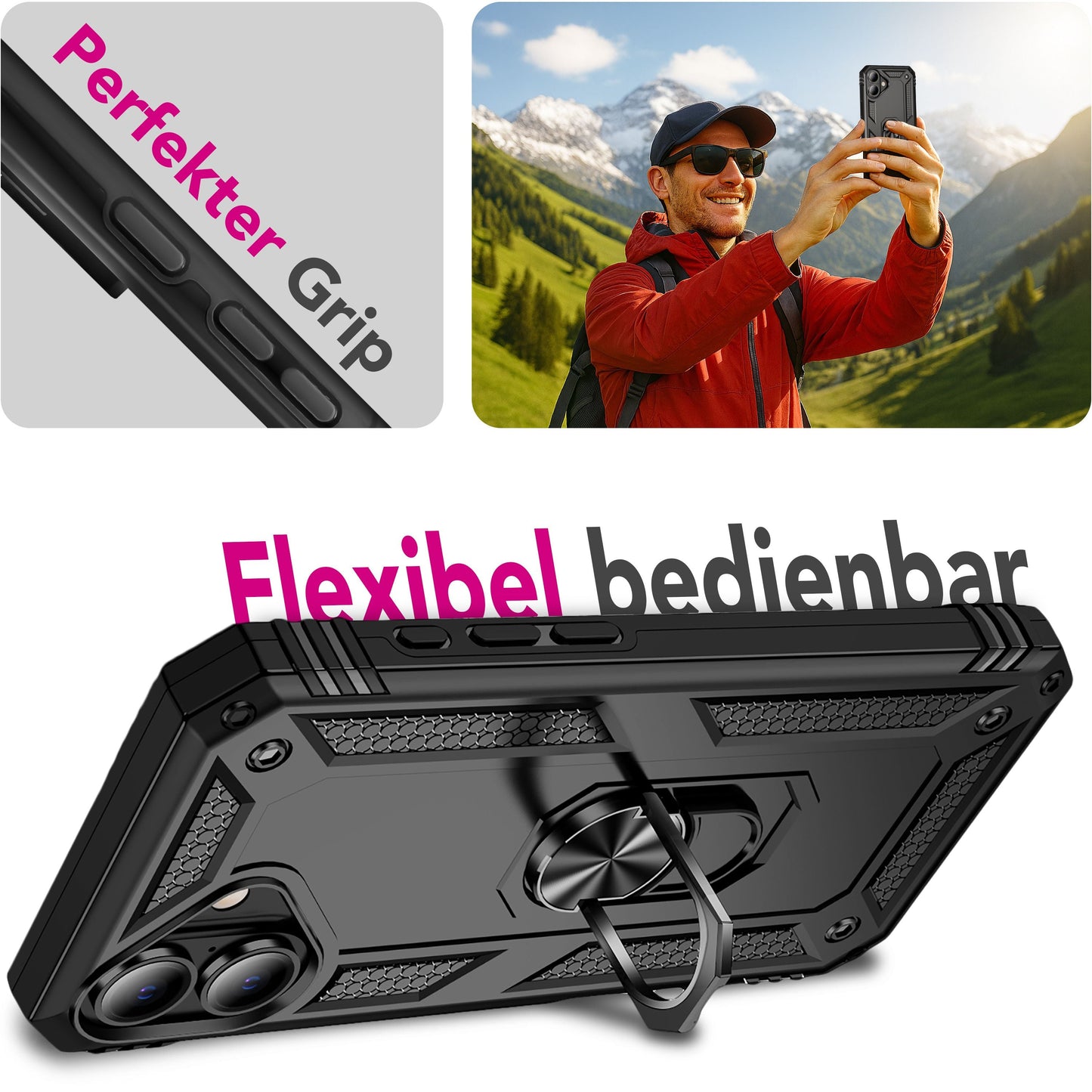 NALIA RingDefend hulstur fyrir Apple iPhone 17 (hernaðarvernd) - Sterkt, brynvarið hulstur með 360° snúningshring og standi, högg- og höggþolið, gripgott, útihulstur - svart