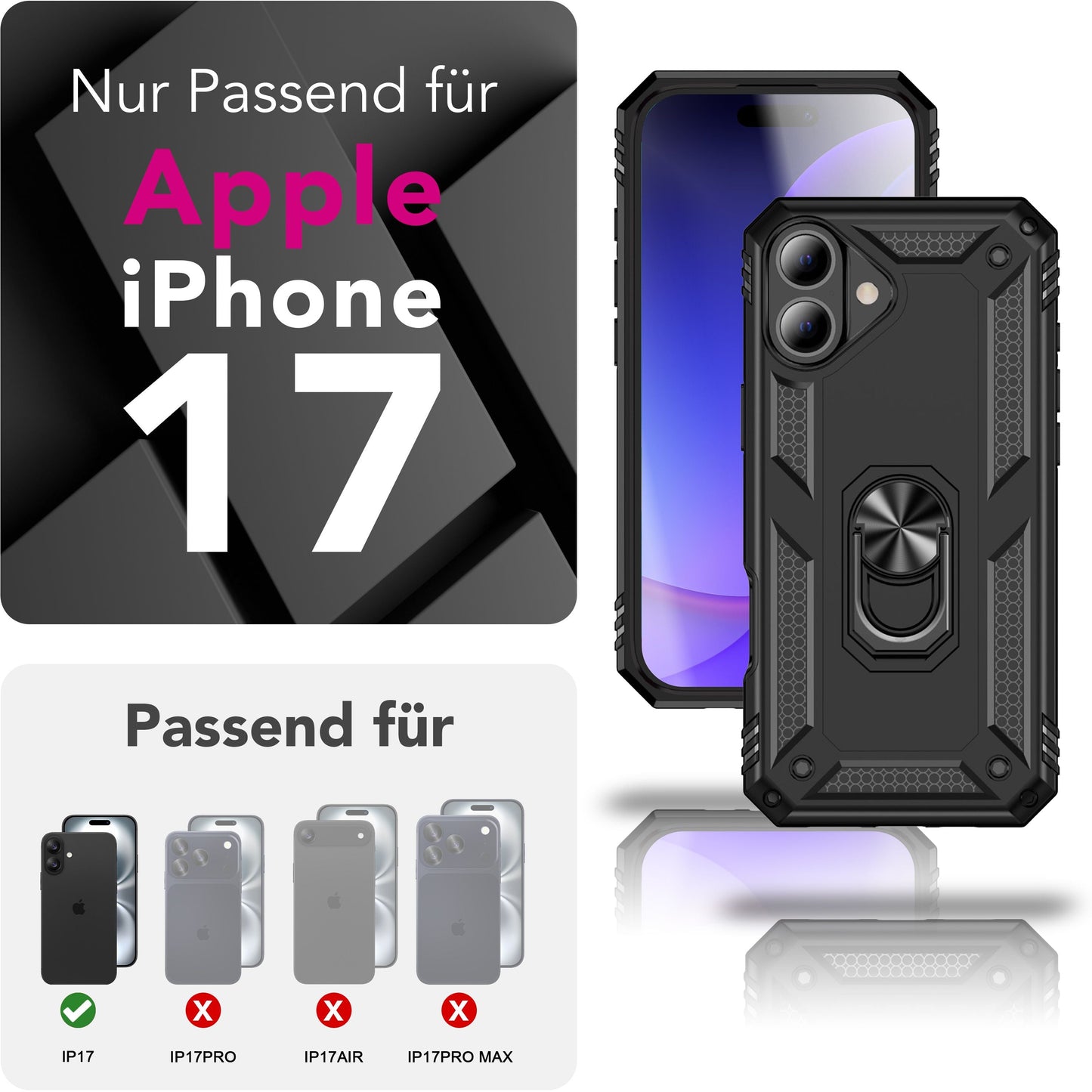 NALIA RingDefend hulstur fyrir Apple iPhone 17 (hernaðarvernd) - Sterkt, brynvarið hulstur með 360° snúningshring og standi, högg- og höggþolið, gripgott, útihulstur - svart