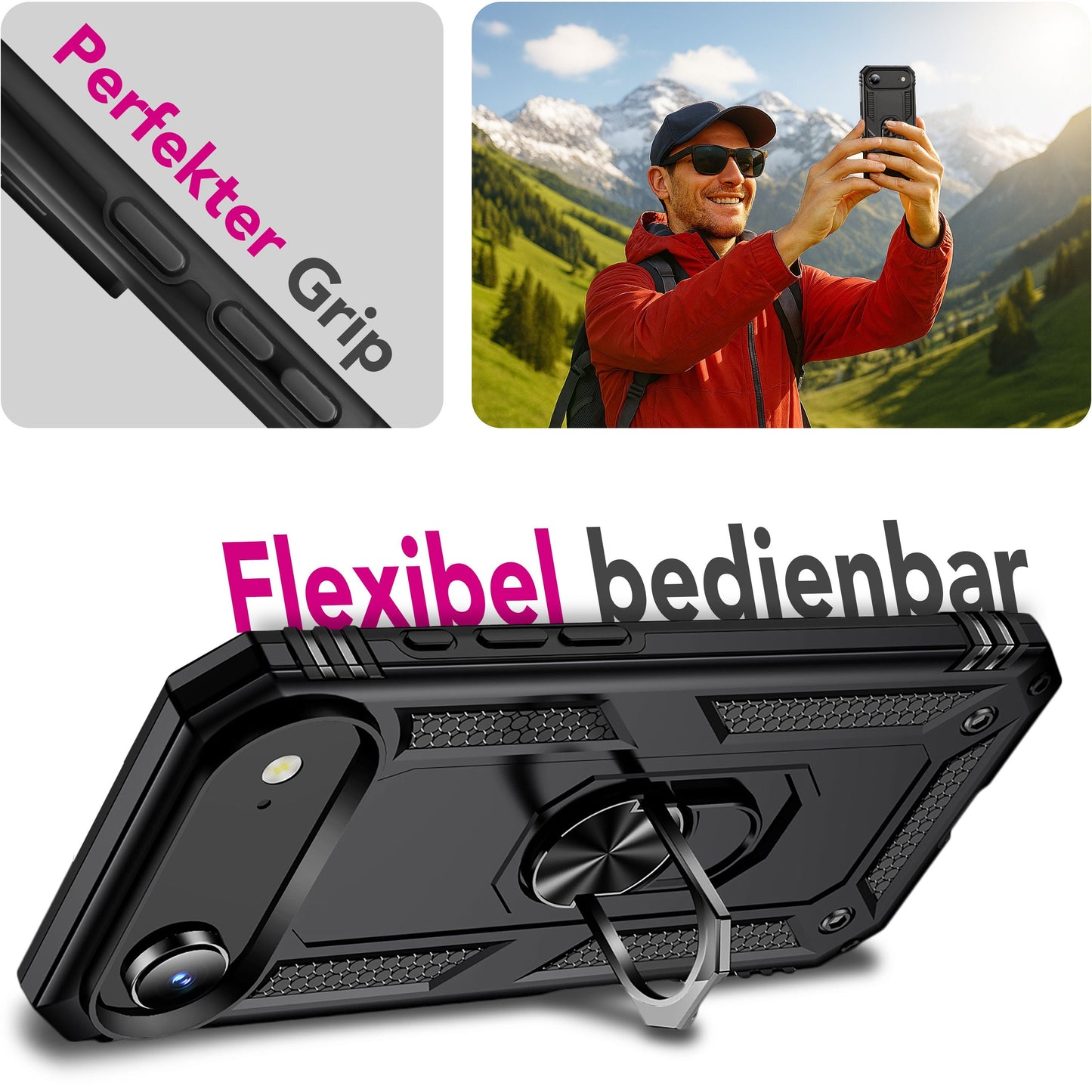 NALIA RingDefend hulstur fyrir Apple iPhone 17 Air (hernaðarvernd) - Hernaðarverndað hulstur með 360° snúningshring og standi, högg- og höggþolið, hörð hulstur sem er rennslisvarinn - Svart