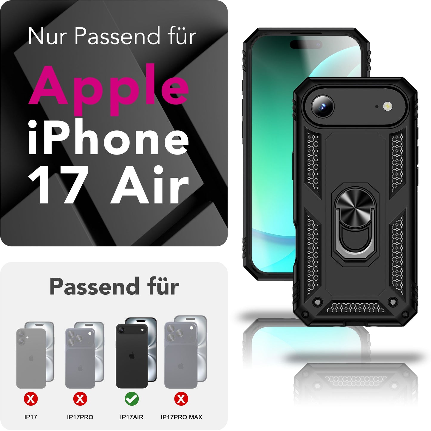 NALIA RingDefend hulstur fyrir Apple iPhone 17 Air (hernaðarvernd) - Hernaðarverndað hulstur með 360° snúningshring og standi, högg- og höggþolið, hörð hulstur sem er rennslisvarinn - Svart