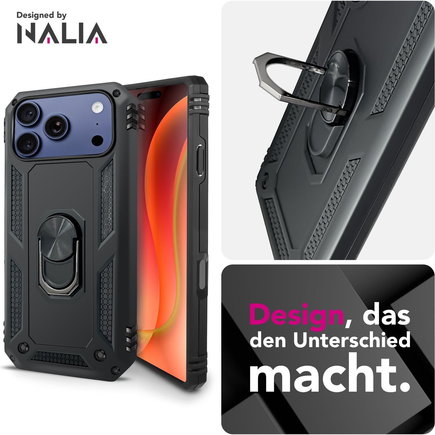NALIA RingDefend Case for Apple iPhone 17 Pro (Military-Grade Protection) - Armor Protective Case with 360° Ring Holder &amp; Stand, Shockproof &amp; Impact Resistant, Robust Hard Case - Black