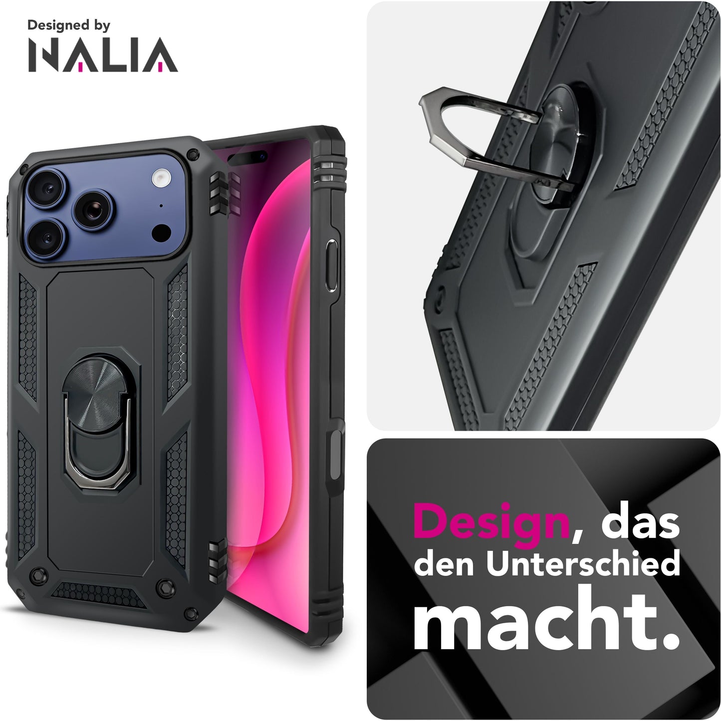 NALIA RingDefend Case for Apple iPhone 17 Pro Max (Military-Grade Protection) - Armor Case with 360° Rotating Ring &amp; Kickstand, Outdoor Protective Case, Impact Resistant &amp; Shock Absorbing - Black