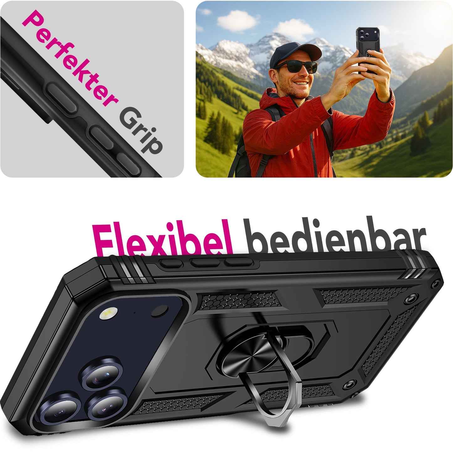 NALIA RingDefend Case for Apple iPhone 17 Pro Max (Military-Grade Protection) - Armor Case with 360° Rotating Ring &amp; Kickstand, Outdoor Protective Case, Impact Resistant &amp; Shock Absorbing - Black