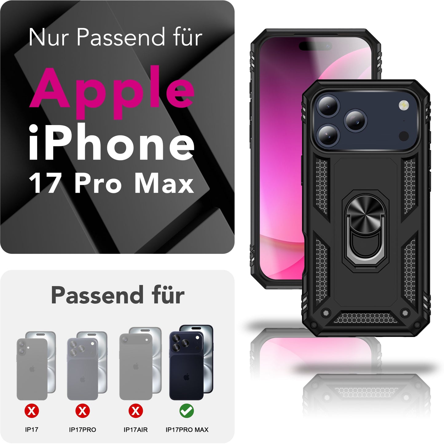 NALIA RingDefend Case for Apple iPhone 17 Pro Max (Military-Grade Protection) - Armor Case with 360° Rotating Ring &amp; Kickstand, Outdoor Protective Case, Impact Resistant &amp; Shock Absorbing - Black