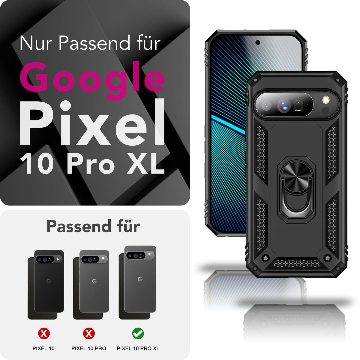 NALIA RingDefend hulstur fyrir Google Pixel 10 Pro XL (hernaðarvernd), sterkt hulstur með 360° snúningshring og standi, högg- og höggþolið, símahulstur fyrir útiveru - svart