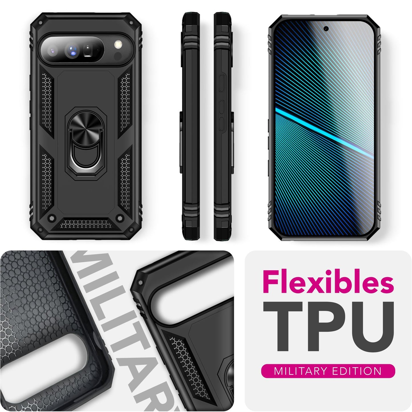 NALIA RingDefend hulstur fyrir Google Pixel 10 Pro XL (hernaðarvernd), sterkt hulstur með 360° snúningshring og standi, högg- og höggþolið, símahulstur fyrir útiveru - svart