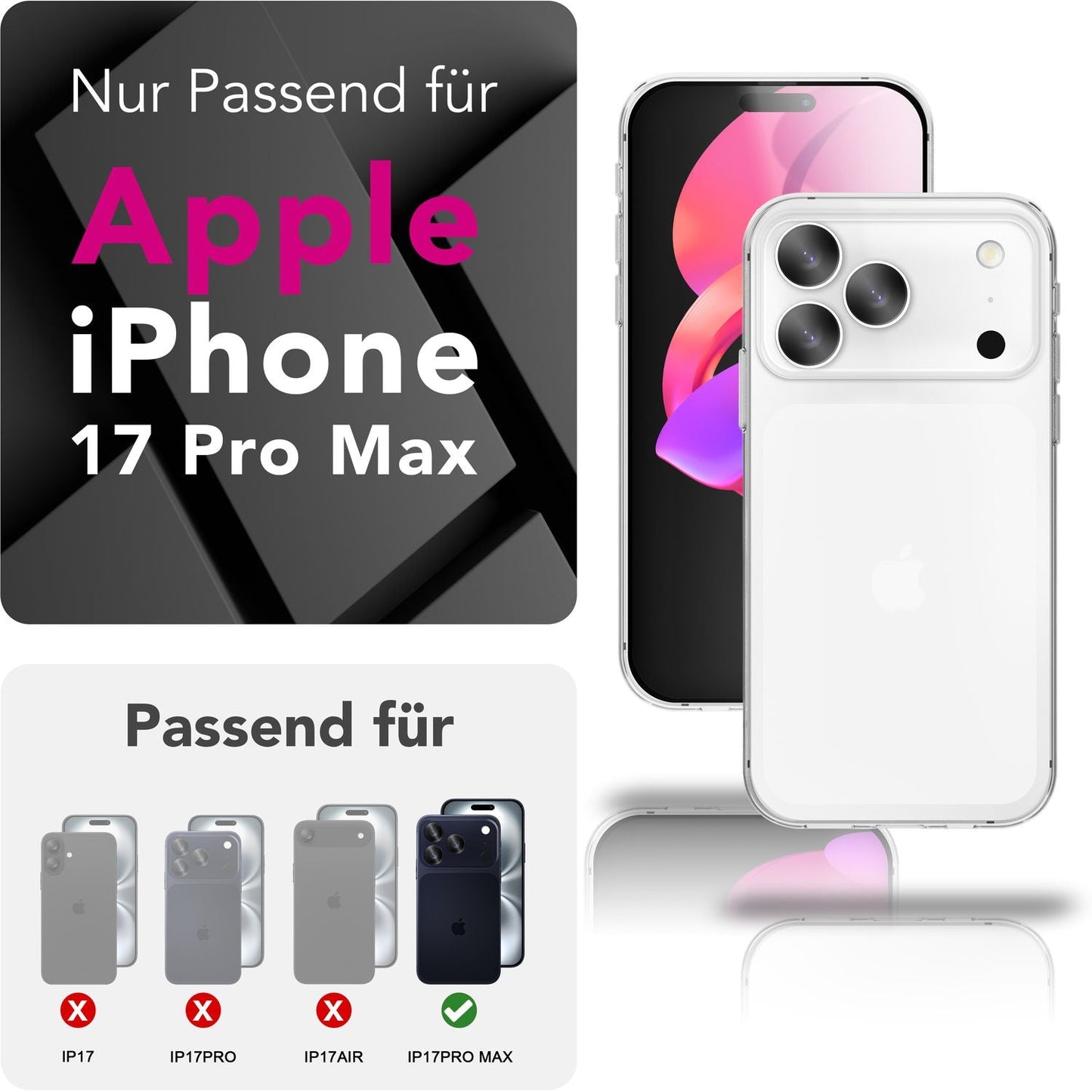 NALIA 360Guard hulstur fyrir Apple iPhone 17 Pro Max (360° vörn allan hringinn) - Glært símahulstur, rispuþolið PC bakhlið og hertur skjávörn, gegnsætt og gulnar ekki.