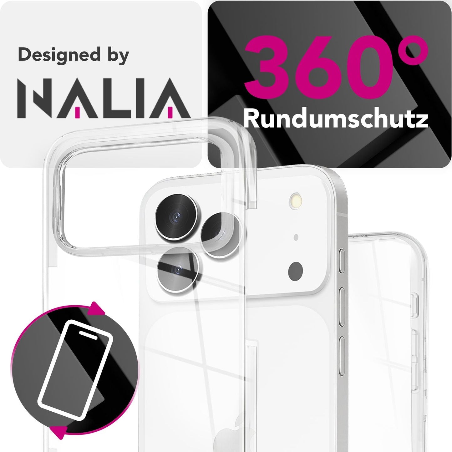 NALIA 360Guard hulstur fyrir Apple iPhone 17 Pro Max (360° vörn allan hringinn) - Glært símahulstur, rispuþolið PC bakhlið og hertur skjávörn, gegnsætt og gulnar ekki.
