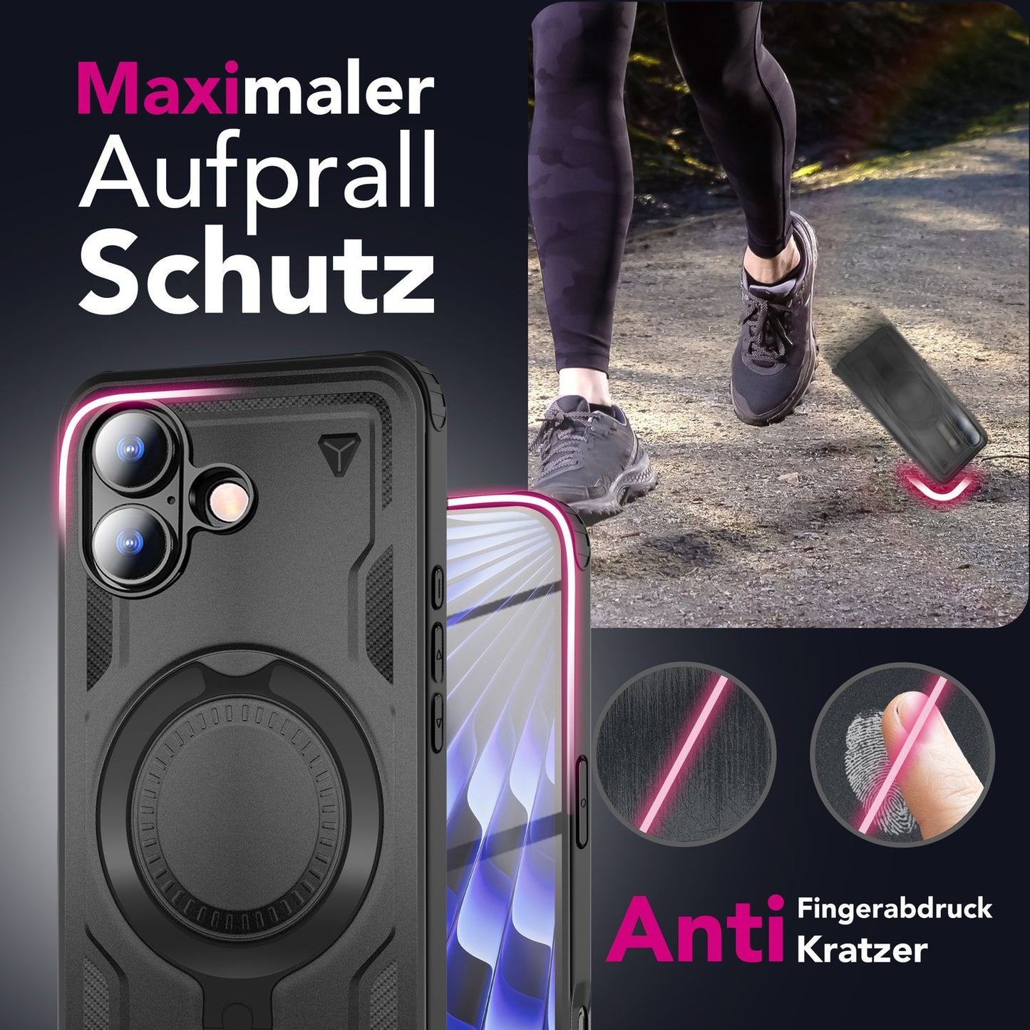 NALIA MagSafe Stormguard hulstur fyrir Apple iPhone 17 (óslítandi, brynjað hulstur) - Höggþolið verndarhulstur fyrir útivist með 360° hringstandi, brynjuðu hulstri og fallvörn - eldfjallasvart