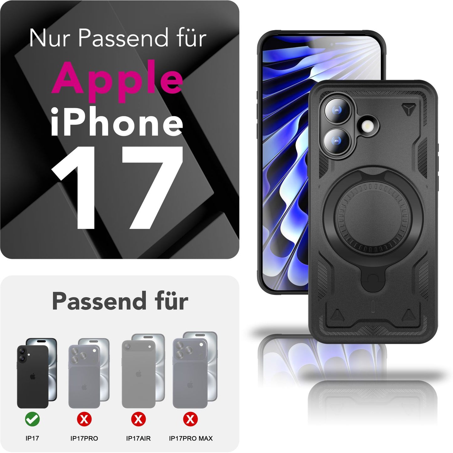 NALIA MagSafe Stormguard hulstur fyrir Apple iPhone 17 (óslítandi, brynjað hulstur) - Höggþolið verndarhulstur fyrir útivist með 360° hringstandi, brynjuðu hulstri og fallvörn - eldfjallasvart