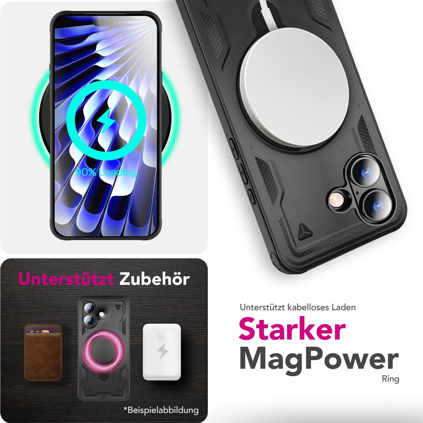 NALIA MagSafe Stormguard hulstur fyrir Apple iPhone 17 (óslítandi, brynjað hulstur) - Höggþolið verndarhulstur fyrir útivist með 360° hringstandi, brynjuðu hulstri og fallvörn - eldfjallasvart