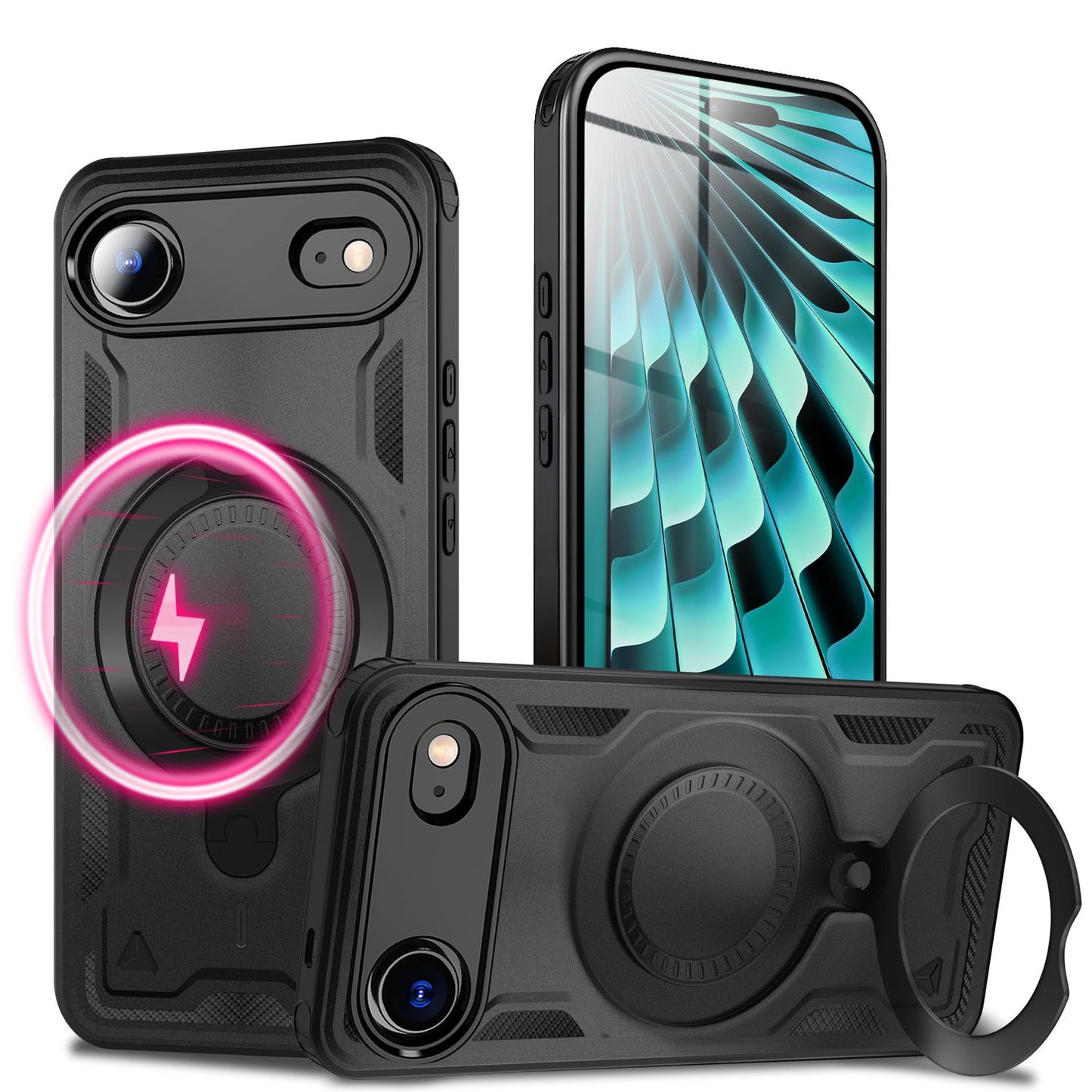 NALIA MagSafe Stormguard hulstur fyrir Apple iPhone 17 Air (óslítandi, brynjað hulstur), höggþolið, herhulstur með 360° snúningshring, útihulstur - eldfjallasvart
