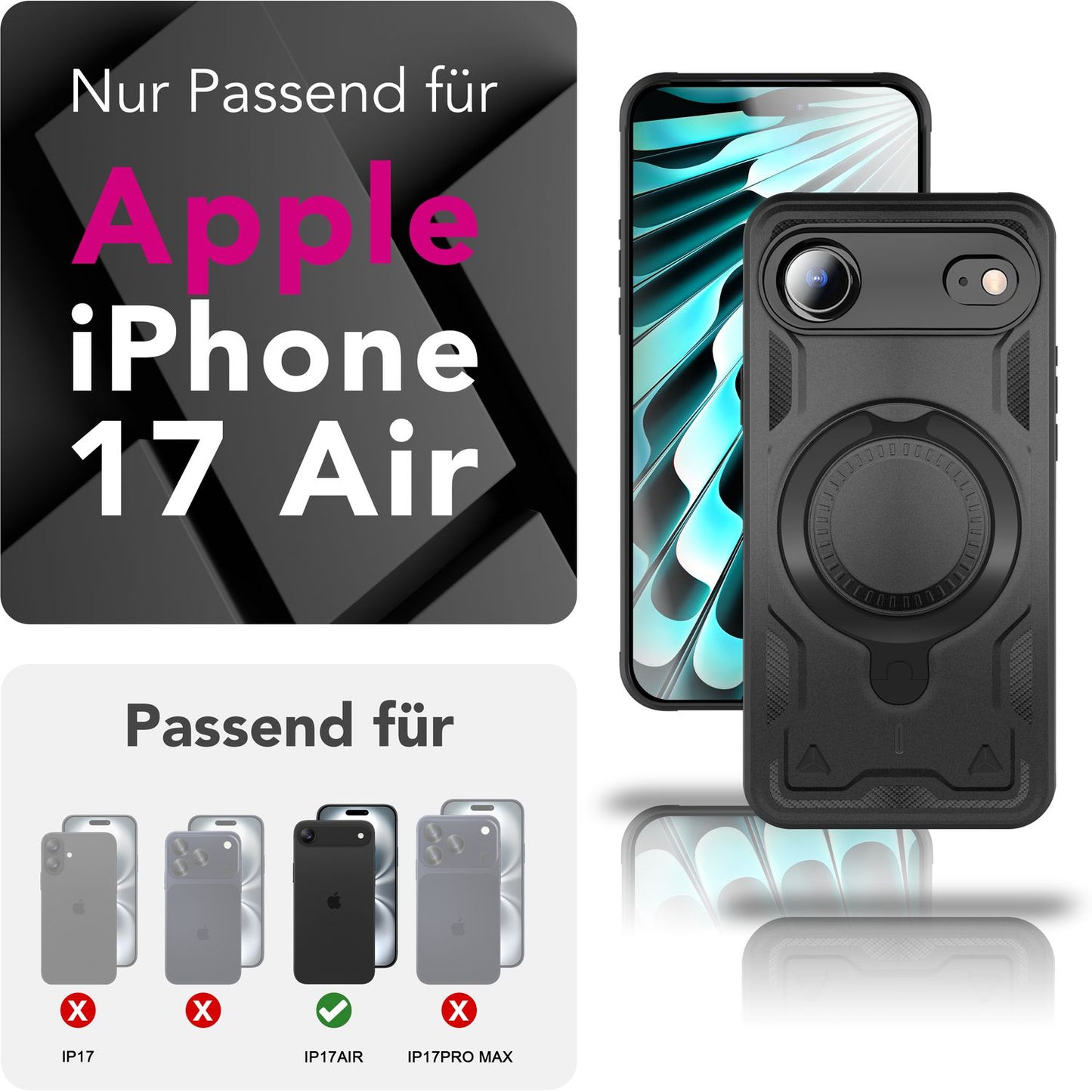 NALIA MagSafe Stormguard hulstur fyrir Apple iPhone 17 Air (óslítandi, brynjað hulstur), höggþolið, herhulstur með 360° snúningshring, útihulstur - eldfjallasvart