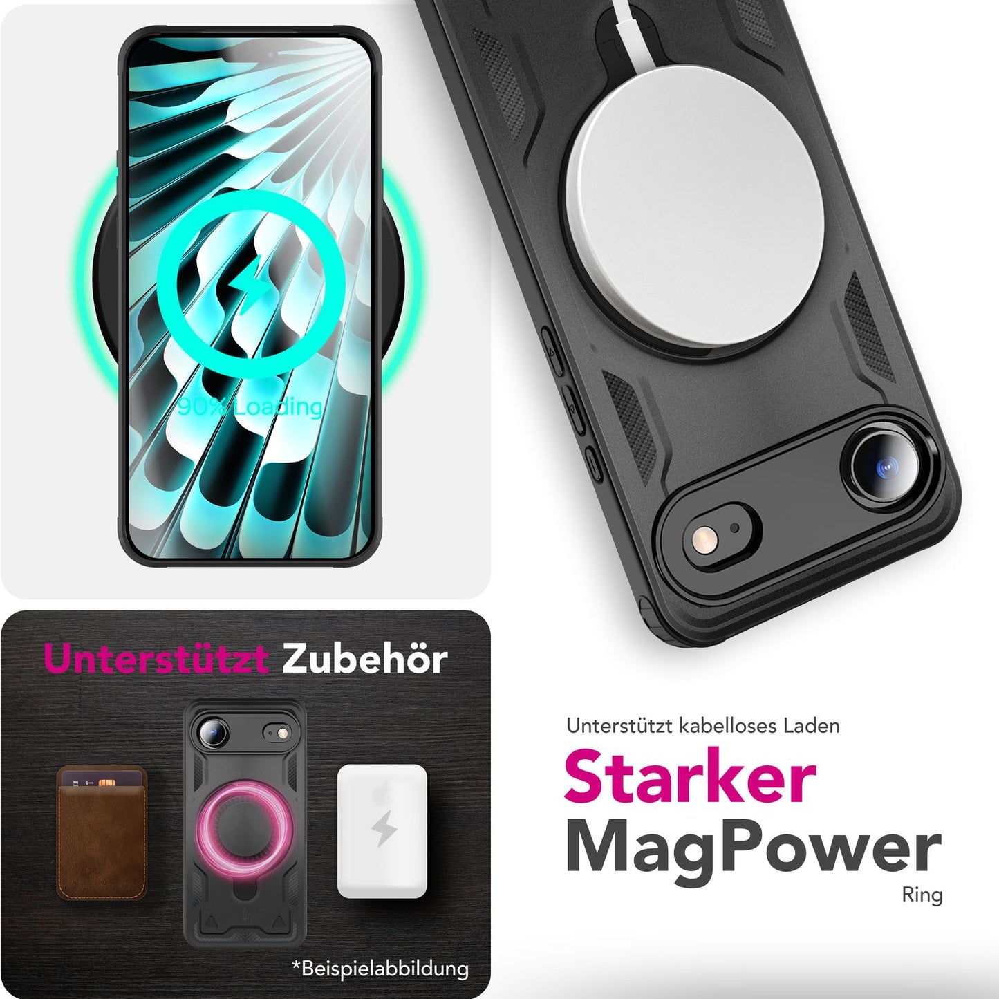 NALIA MagSafe Stormguard hulstur fyrir Apple iPhone 17 Air (óslítandi, brynjað hulstur), höggþolið, herhulstur með 360° snúningshring, útihulstur - eldfjallasvart