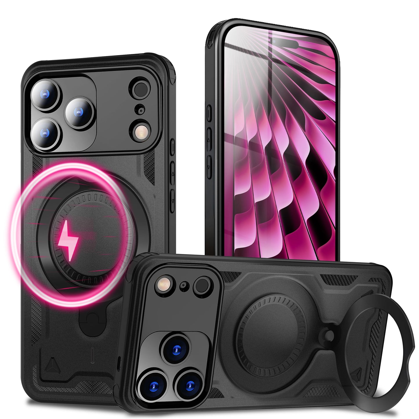 NALIA MagSafe Stormguard hulstur fyrir Apple iPhone 17 Pro Max (óslítandi, brynjað hulstur), höggþolið hart hulstur með 360° hringfestingu, verndarhulstur fyrir útivist - eldfjallasvart