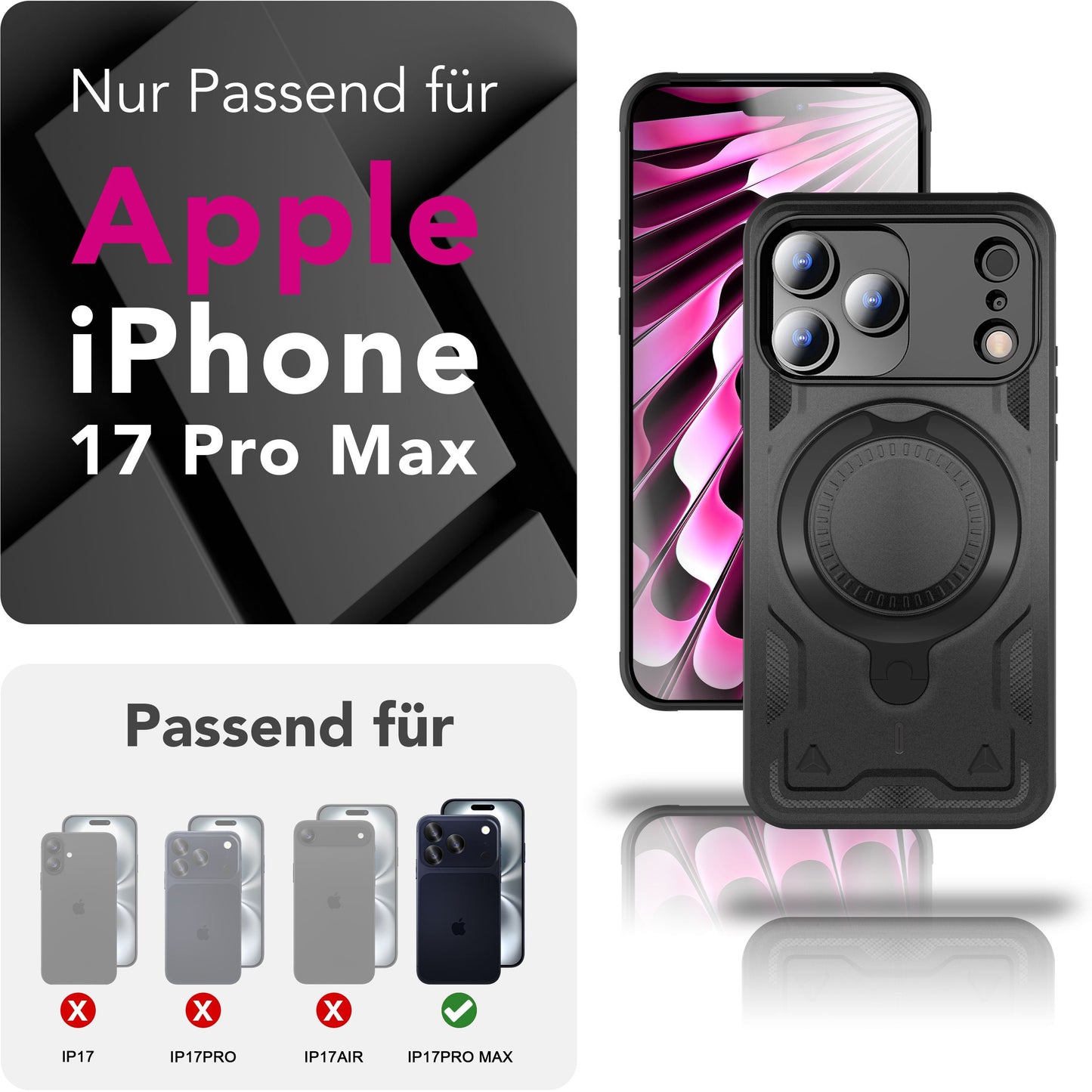 NALIA MagSafe Stormguard hulstur fyrir Apple iPhone 17 Pro Max (óslítandi, brynjað hulstur), höggþolið hart hulstur með 360° hringfestingu, verndarhulstur fyrir útivist - eldfjallasvart