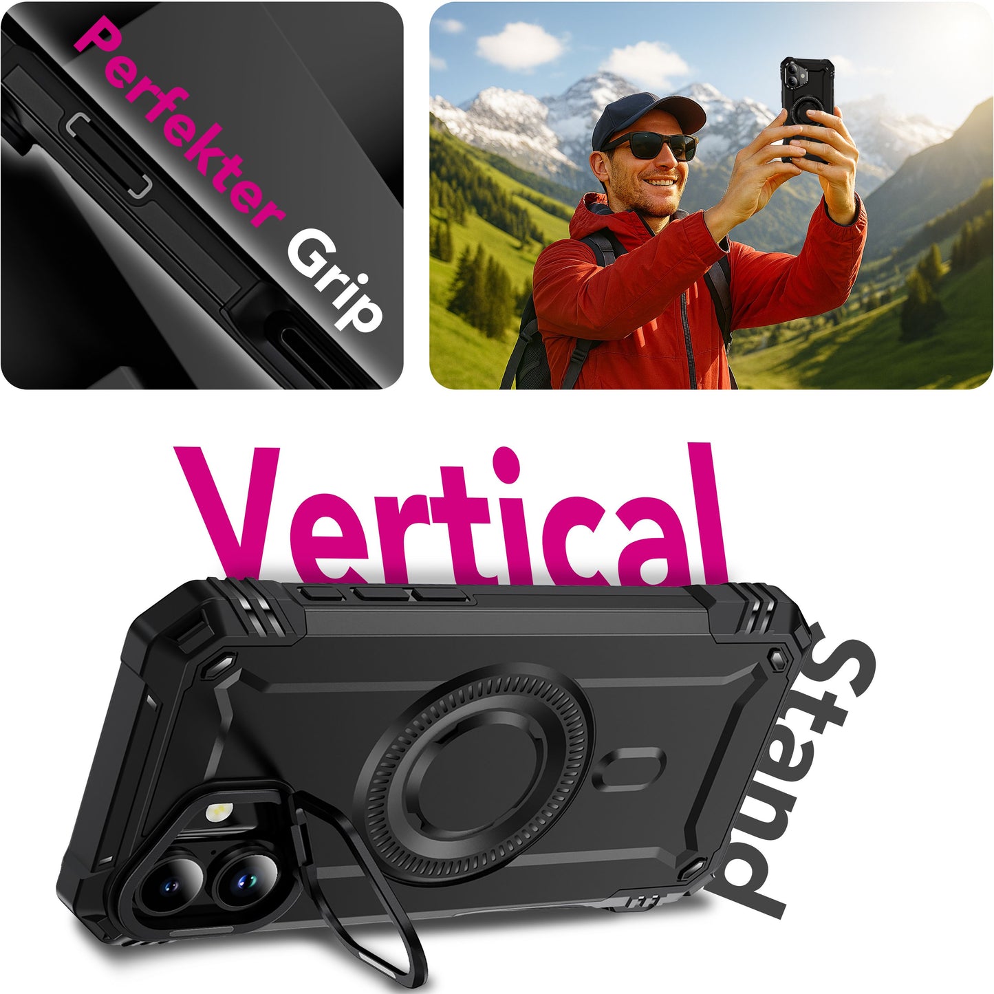 NALIA MagSafe Granite Case for Apple iPhone 17 (Military Tank) - Shockproof Armor Case, Rugged Protective Case with Kickstand, Heavy Duty Cover, Impact Protection - Volcano Black