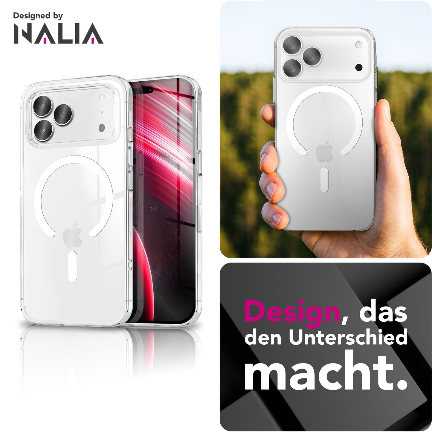 NALIA MagSafe Lumex hulstur fyrir Apple iPhone 17 Pro (kristaltært með MagPower) - gegnsætt harðspjald með segulhring, gegnsætt PC hulstur og TPU ramma, rispuþolið, höggþolið