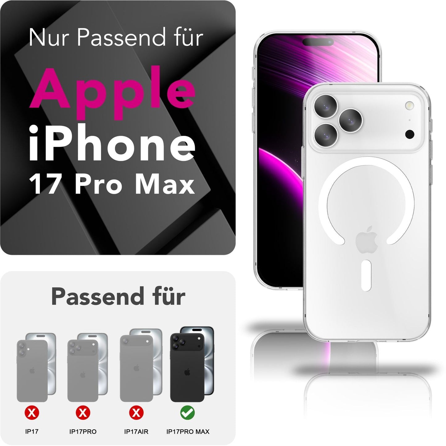 NALIA MagSafe Hülle Lumex für Apple iPhone 17 Pro Max (Kristallklar mit MagPower) - Transparentes Cover mit Magnet-Ring, Schlankes PC-Case & TPU-Rahmen, Stoßfest, Anti-Gelb, Klar